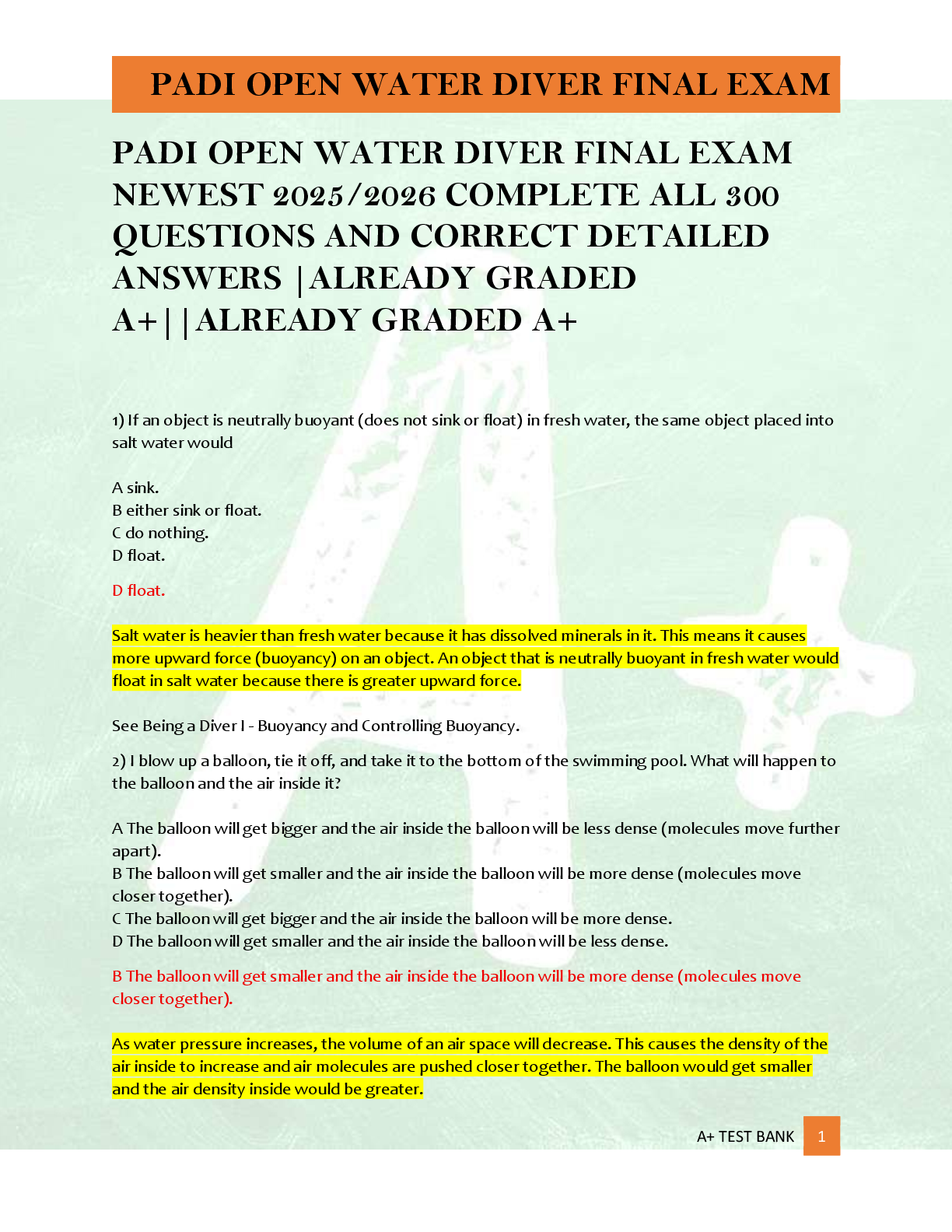 Recommended document preview for PADI OPEN WATER DIVER FINAL EXAM  NEWEST 2025/2026 COMPLETE ALL 300  QUESTIONS AND CORRECT DETAILED  ANSWERS |ALREADY GRADED  A+||ALREADY GRADED A+