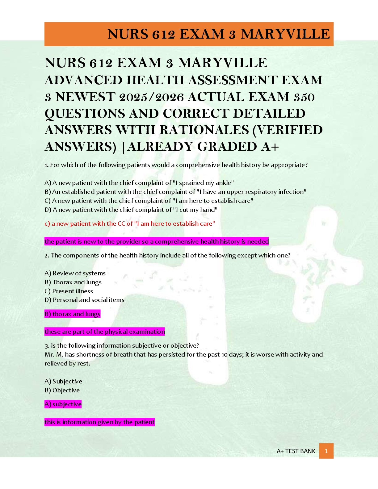 Preview of NURS 612 EXAM 3 MARYVILLE  ADVANCED HEALTH ASSESSMENT EXAM  3 NEWEST 2025/2026 ACTUAL EXAM