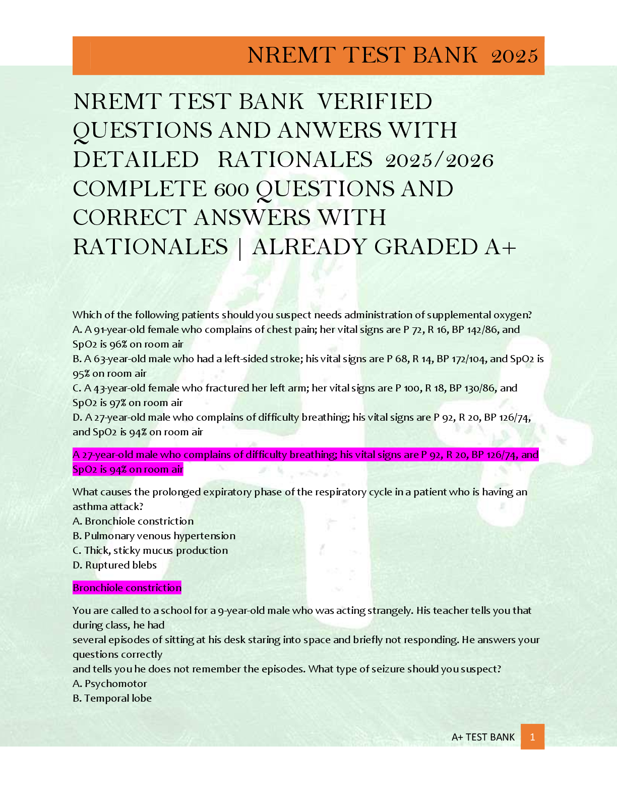 Preview of NREMT TEST BANK  VERIFIED  QUESTIONS AND ANWERS WITH  DETAILED   RATIONALES  2025/2026  CO