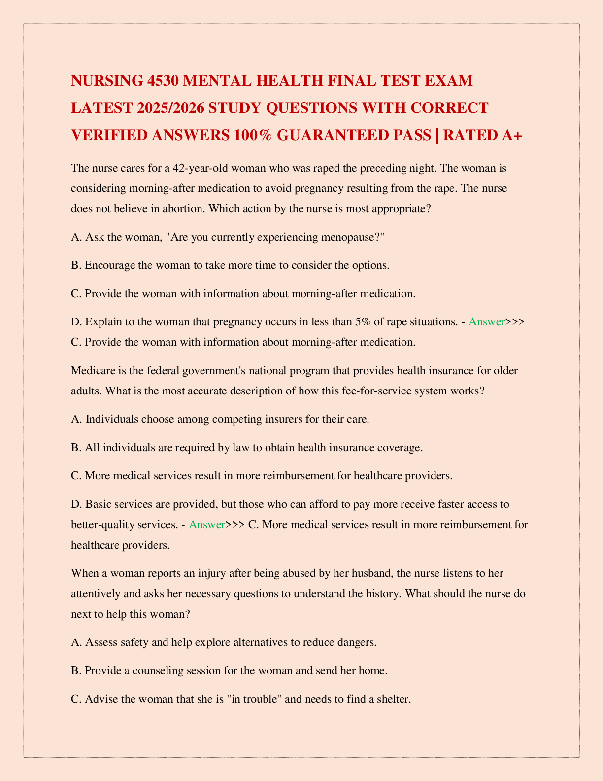 Preview image for NURSING 4530 MENTAL HEALTH FINAL TEST EXAM LATEST 2025/2026 STUDY QUESTIONS WITH CORRECT VERIFIED ANSWERS 100% GUARANTEED PASS | RATED A+