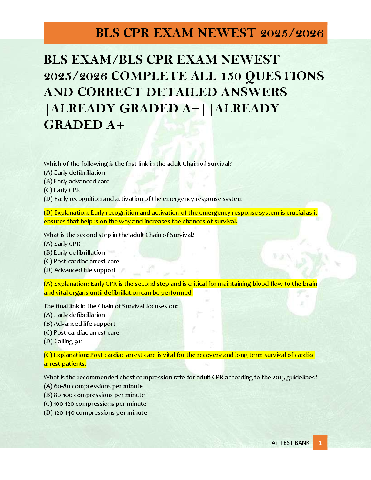 Preview of BLS EXAM/BLS CPR EXAM NEWEST  2025/2026 COMPLETE ALL 150 QUESTIONS  AND CORRECT DETAILED A