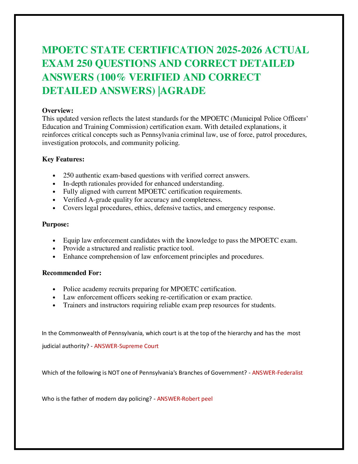 Preview image for MPOETC STATE CERTIFICATION 2025-2026 ACTUAL  EXAM 250 QUESTIONS AND CORRECT DETAILED  ANSWERS (100% VERIFIED AND CORRECT DETAILED ANSWERS) |AGRADE