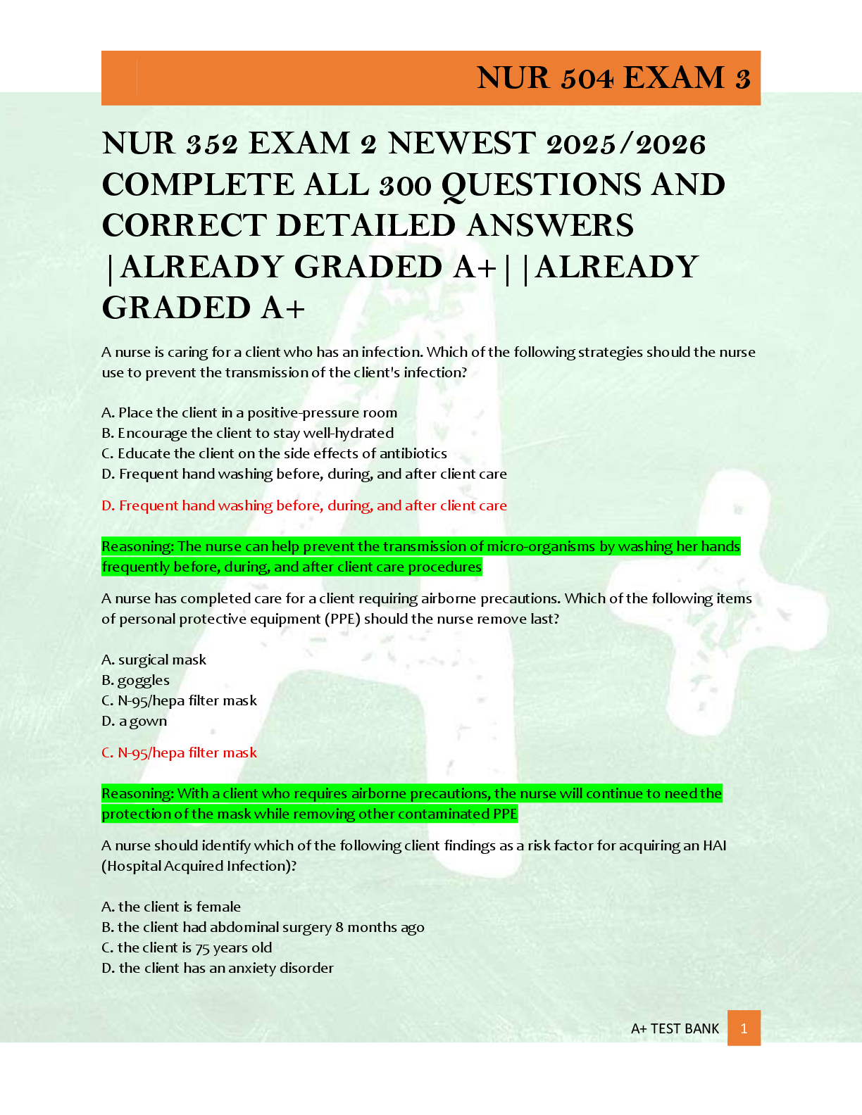 Preview of NUR 352 EXAM 2 NEWEST 2025/2026  COMPLETE ALL 300 QUESTIONS AND  CORRECT DETAILED ANSWERS