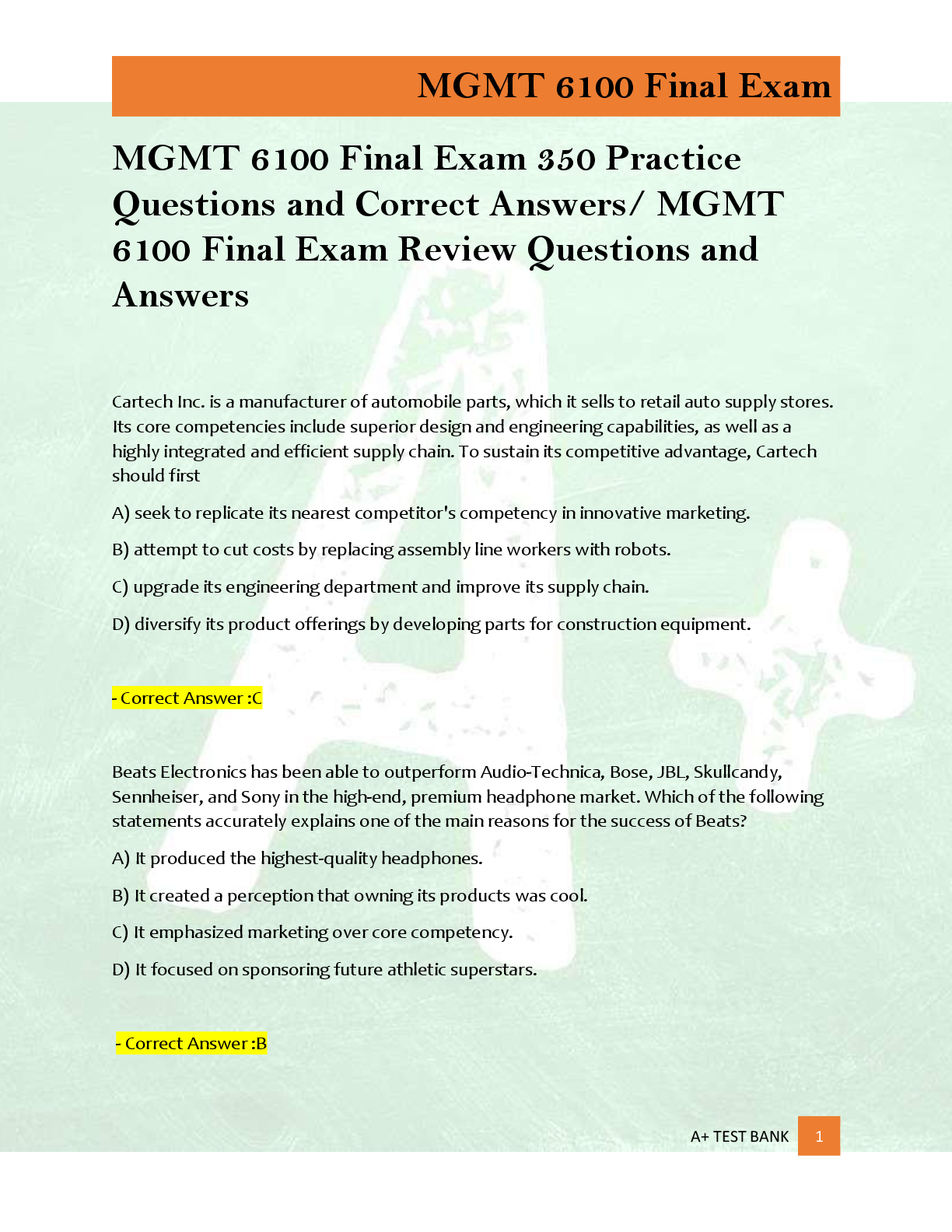 Preview of MGMT 6100 Final Exam 350 Practice  Questions and Correct Answers/ MGMT  6100 Final Exam Re