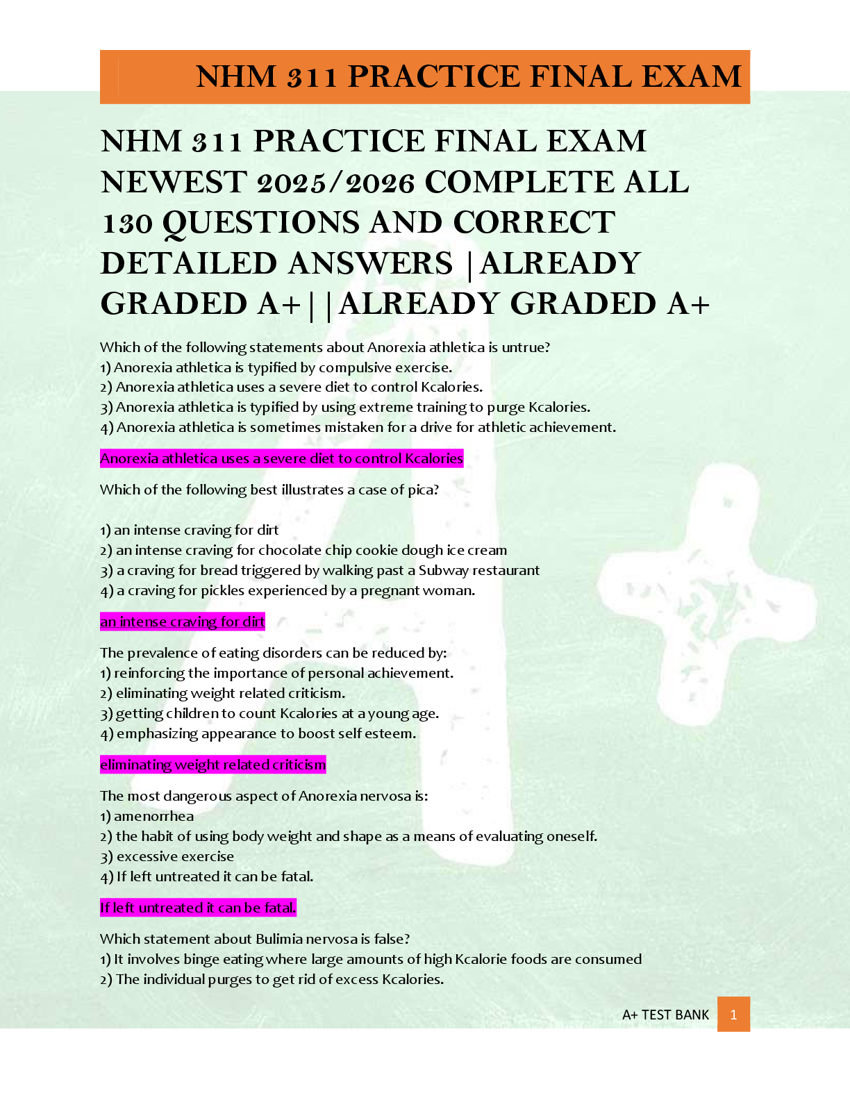 Recommended document preview for NHM 311 PRACTICE FINAL EXAM  NEWEST 2025/2026 COMPLETE ALL  130 QUESTIONS AND CORRECT  DETAILED ANSWERS |ALREADY  GRADED A+||ALREADY GRADED A+