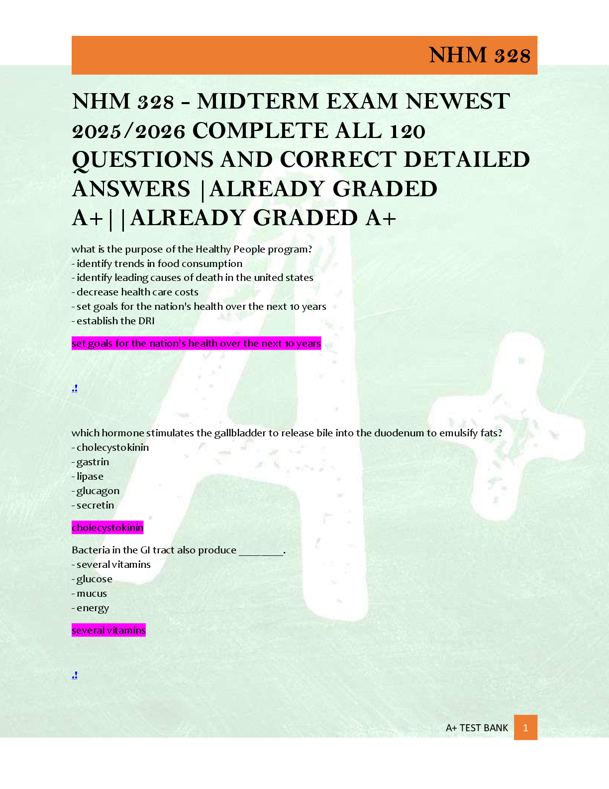 Preview of NHM 328 - MIDTERM EXAM NEWEST  2025/2026 COMPLETE ALL 120  QUESTIONS AND CORRECT DETAILED