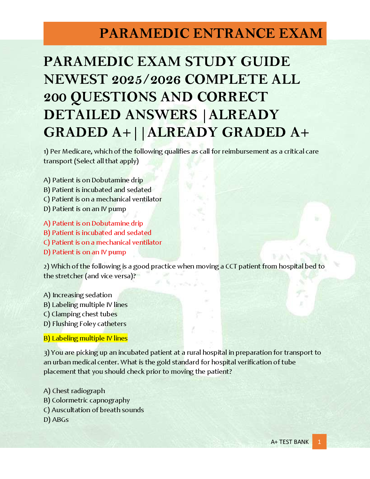 Preview of PARAMEDIC EXAM STUDY GUIDE  NEWEST 2025/2026 COMPLETE ALL  200 QUESTIONS AND CORRECT  DETAILED ANSWERS |ALREADY  GRADED A+||ALREADY GRADED A+