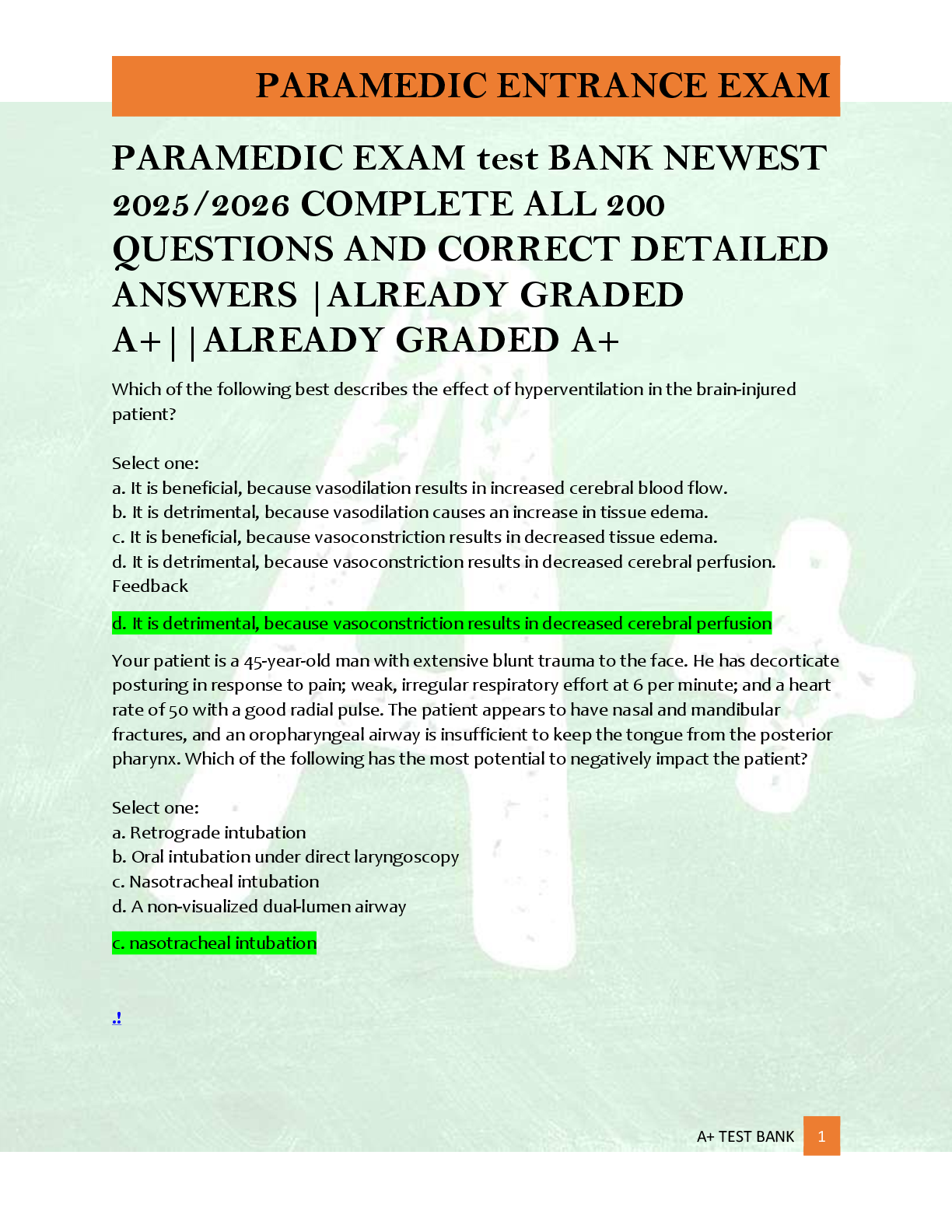 Preview of PARAMEDIC EXAM test BANK NEWEST  2025/2026 COMPLETE ALL 200  QUESTIONS AND CORRECT DETAILE