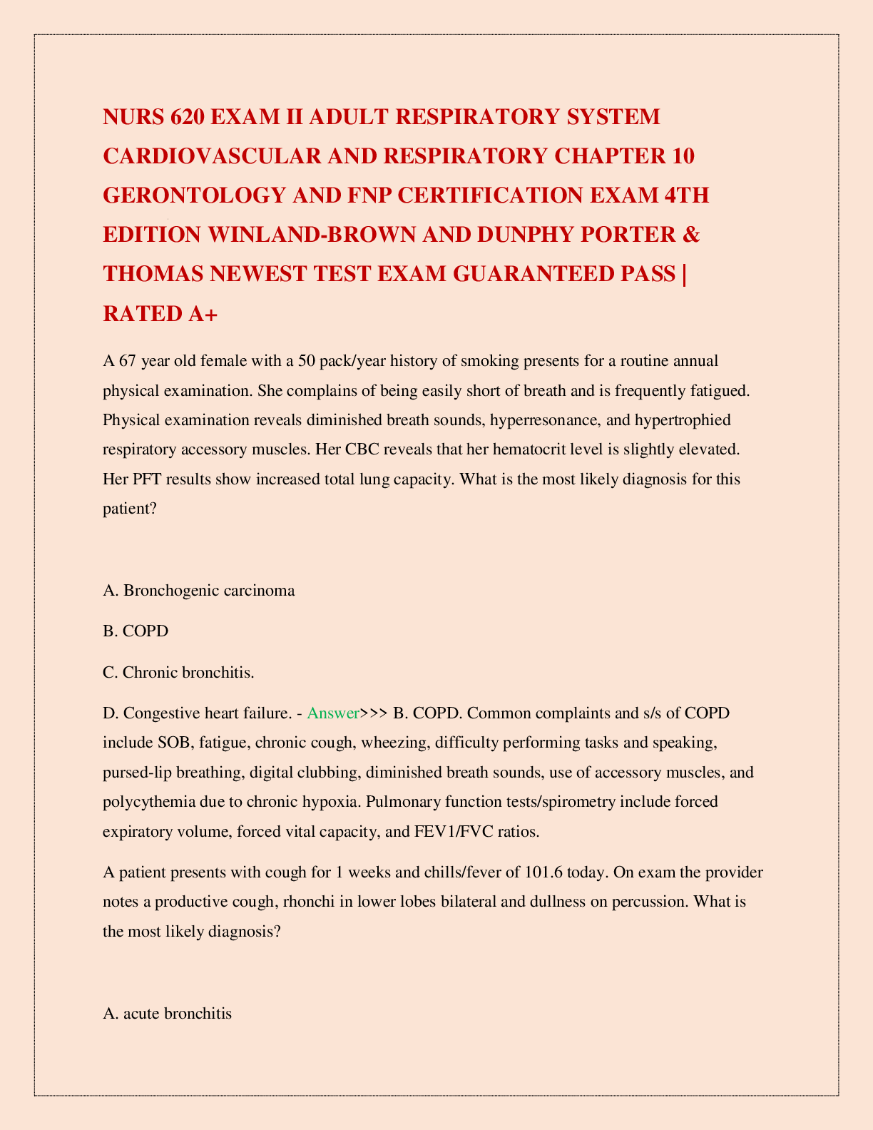 Preview image for NURS 620 EXAM II ADULT RESPIRATORY SYSTEM CARDIOVASCULAR AND RESPIRATORY CHAPTER 10 GERONTOLOGY AND FNP CERTIFICATION EXAM 4TH EDITION WINLAND-BROWN AND DUNPHY PORTER & THOMAS NEWEST TEST EXAM GUARANTEED PASS | RATED A+