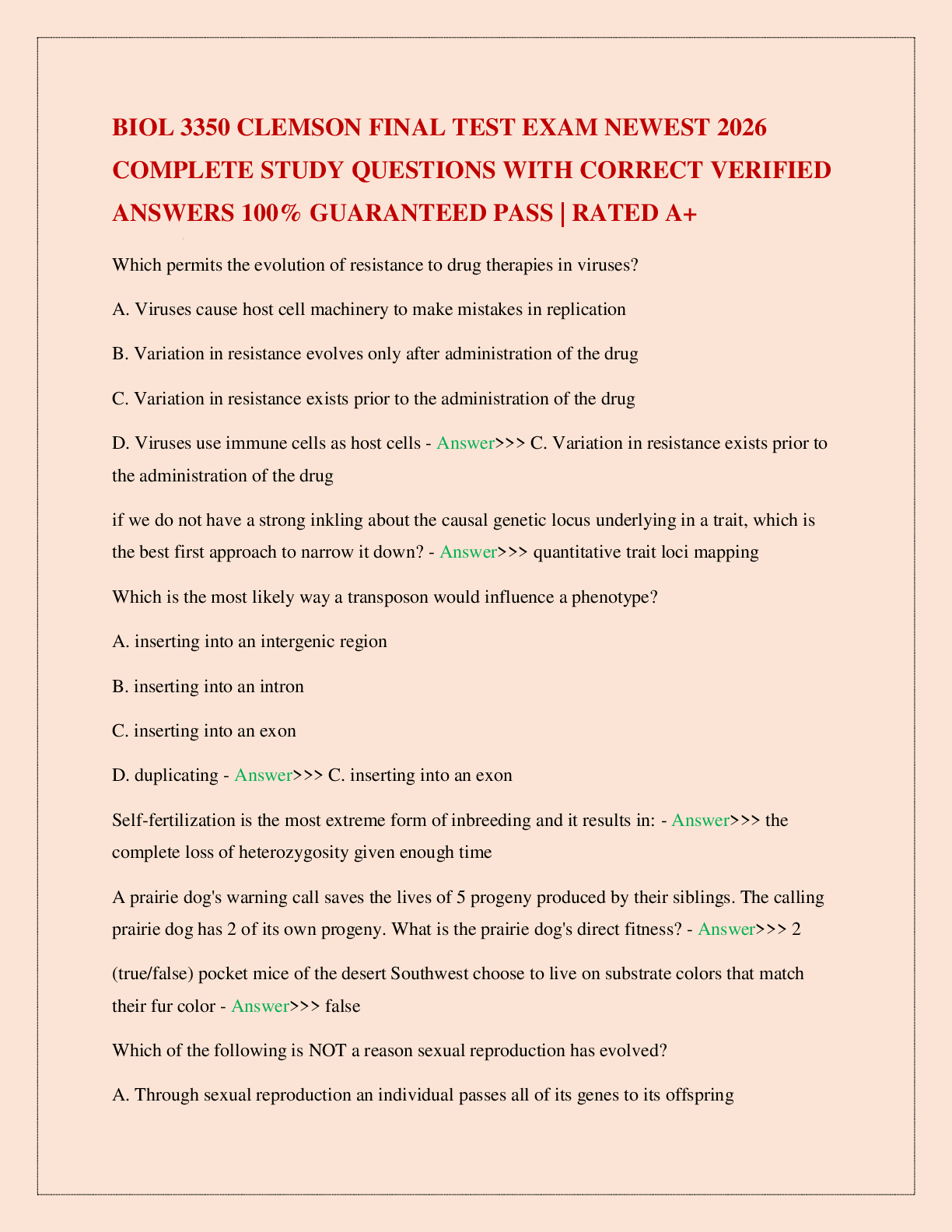 Preview image for BIOL 3350 CLEMSON FINAL TEST EXAM NEWEST 2026 COMPLETE STUDY QUESTIONS WITH CORRECT VERIFIED ANSWERS 100% GUARANTEED PASS | RATED A+