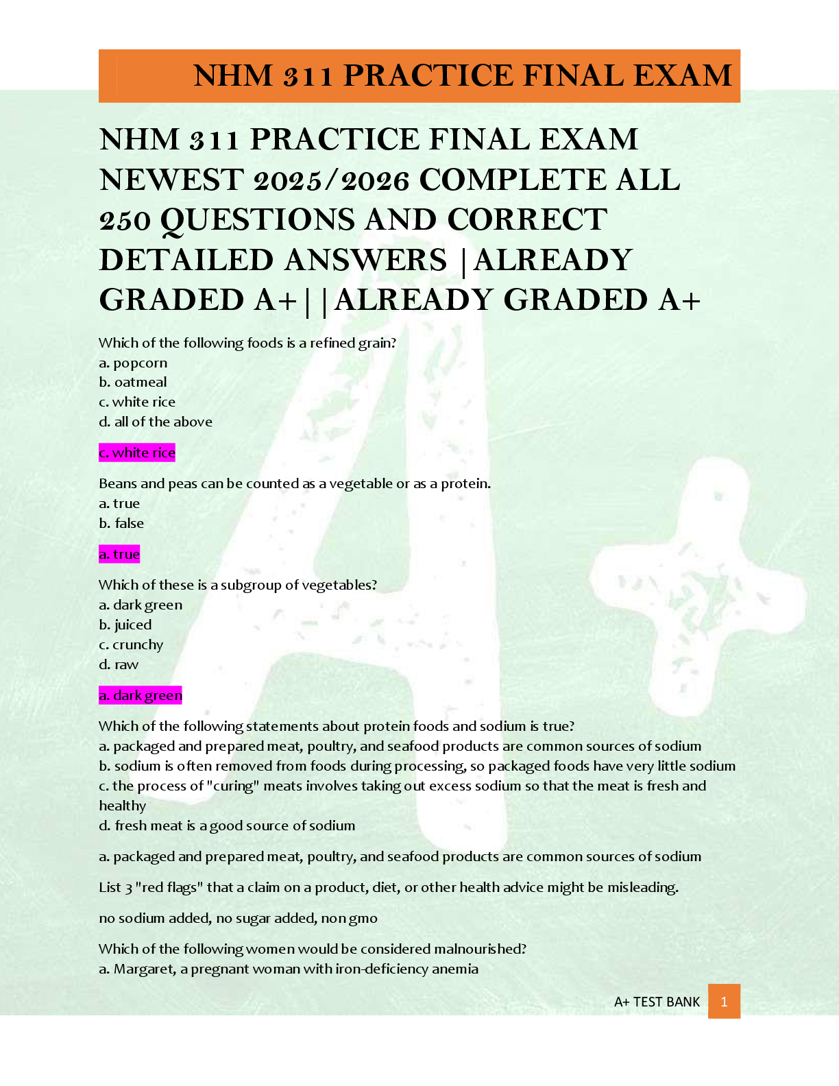Preview of NHM 311 PRACTICE FINAL EXAM  NEWEST 2025/2026 COMPLETE ALL  250 QUESTIONS AND CORRECT  DET