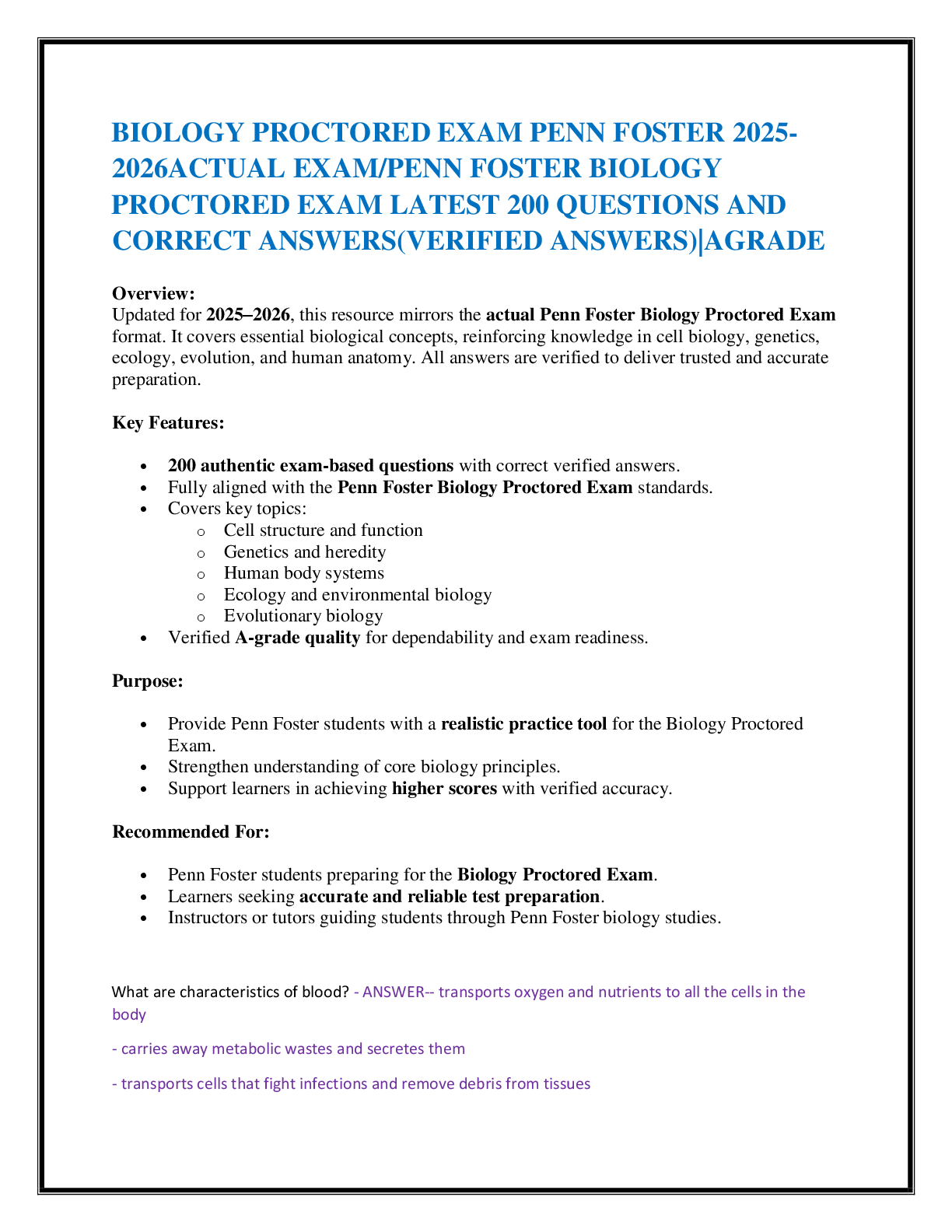 Recommended document preview for BIOLOGY PROCTORED EXAM PENN FOSTER 2025-2026ACTUAL EXAM/PENN FOSTER BIOLOGY  PROCTORED EXAM LATEST 200 QUESTIONS AND CORRECT ANSWERS(VERIFIED ANSWERS)|AGRADE