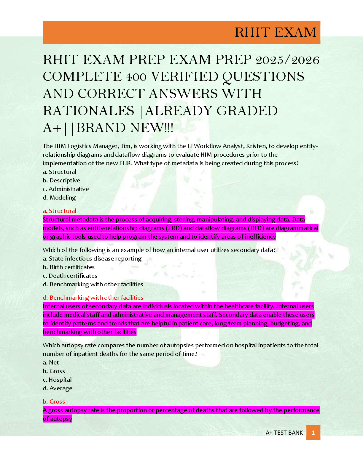 Preview of A+ TEST BANK 1    RHIT EXAM PREP EXAM PREP 2025/2026  COMPLETE 400 VERIFIED QUESTIONS  AND