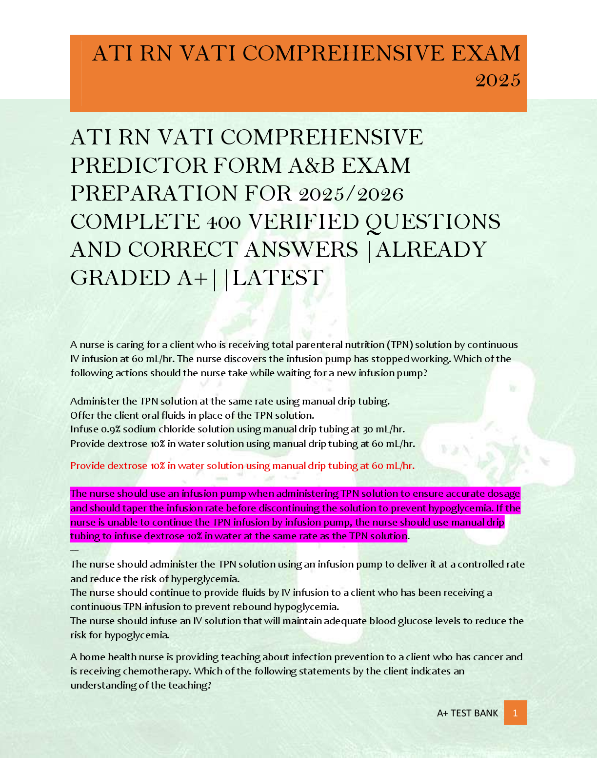 ATI RN VATI COMPREHENSIVE  PREDICTOR FORM A&B EXAM  PREPARATION FOR 2025/2026  COMPLETE 400 VERIFIED QUESTIONS  AND CORRECT ANSWERS |ALREADY  GRADED A+||LATEST