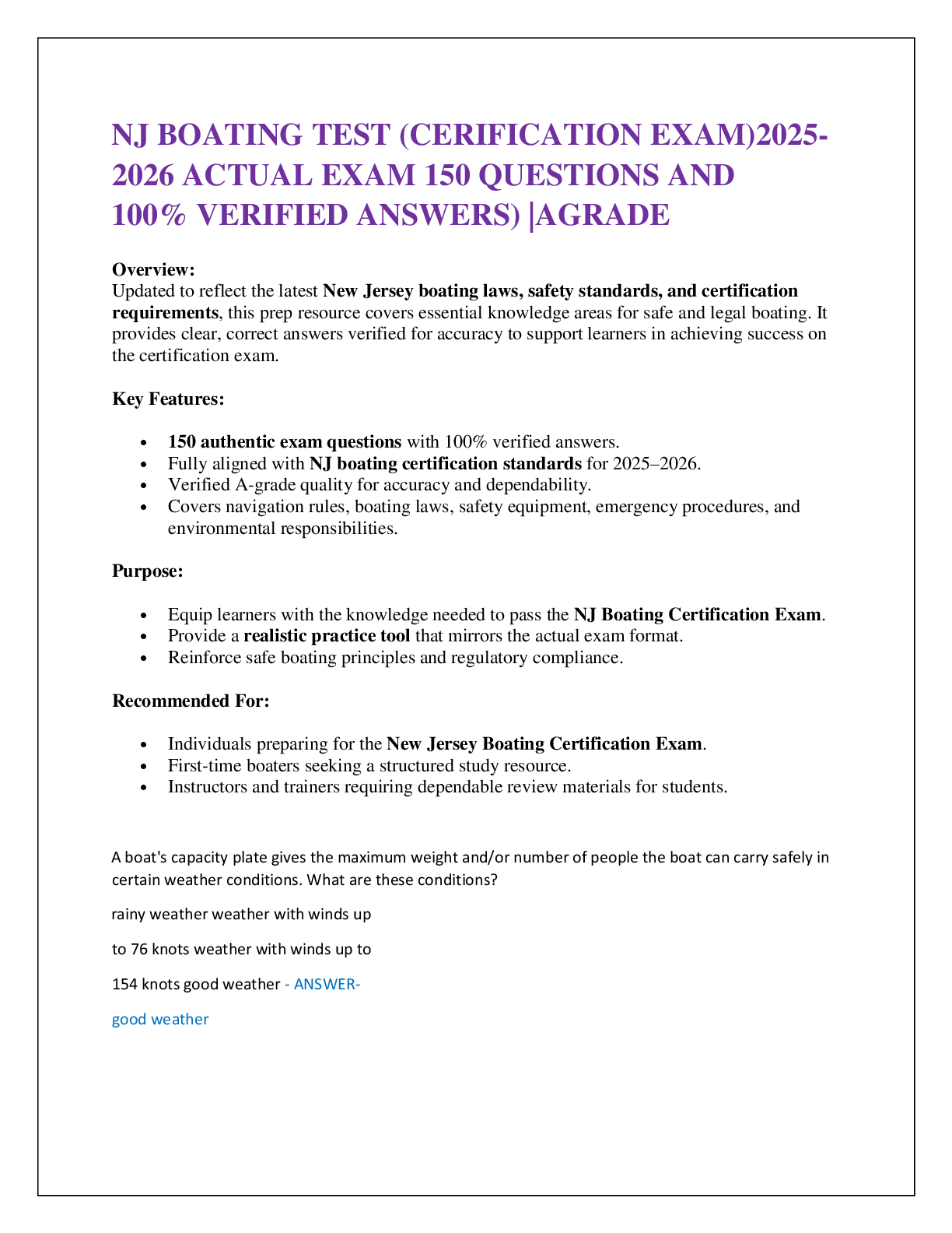 Preview image for NJ BOATING TEST (CERIFICATION EXAM)2025-2026 ACTUAL EXAM 150 QUESTIONS AND  100% VERIFIED ANSWERS) |AGRADE
