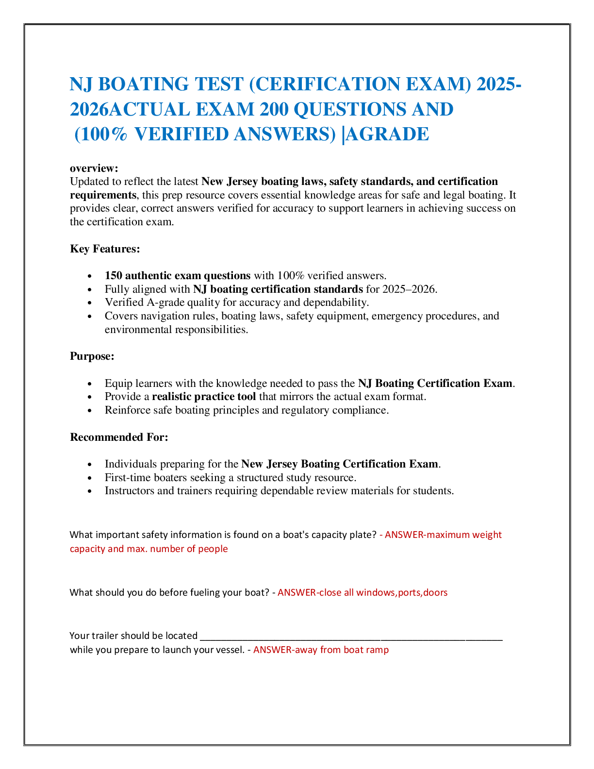 Preview image for NJ BOATING TEST (CERIFICATION EXAM) 2025-2026ACTUAL EXAM 200 QUESTIONS AND   (100% VERIFIED ANSWERS) |AGRADE