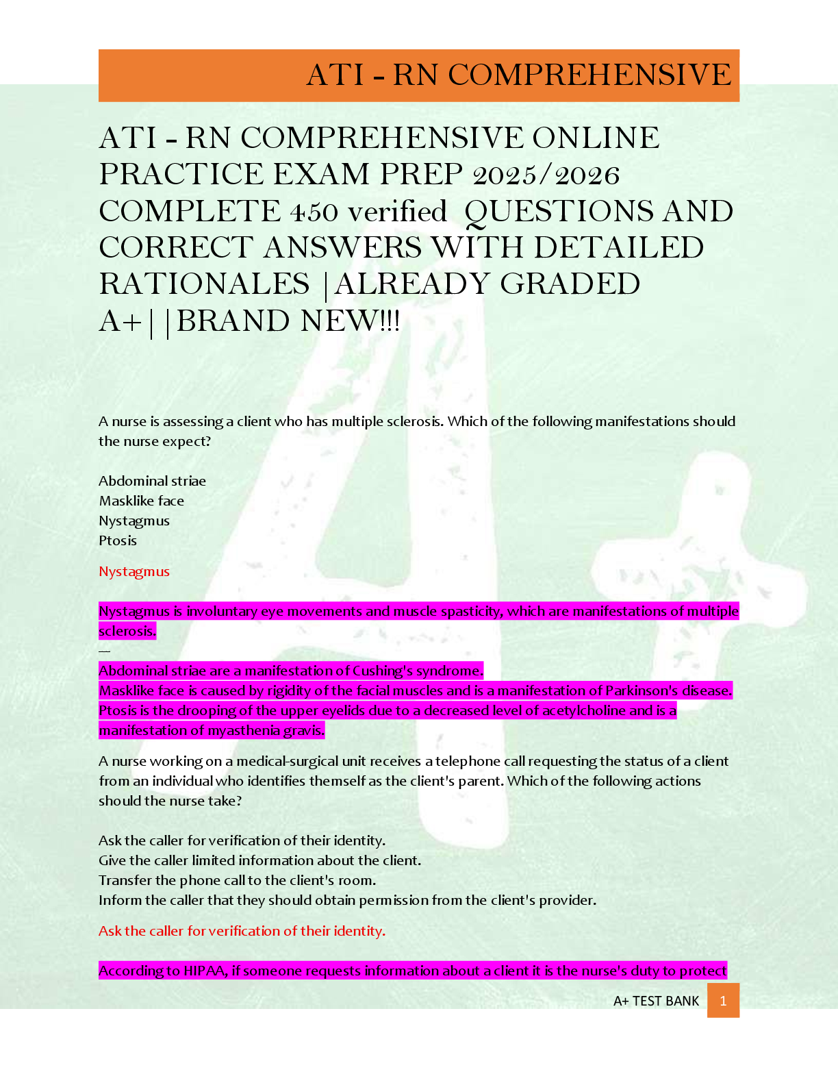 ATI - RN COMPREHENSIVE ONLINE  PRACTICE EXAM PREP 2025/2026  COMPLETE 450 verified  QUESTIONS AND  CORRECT ANSWERS WITH DETAILED  RATIONALES |ALREADY GRADED  A+||BRAND NEW!!!
