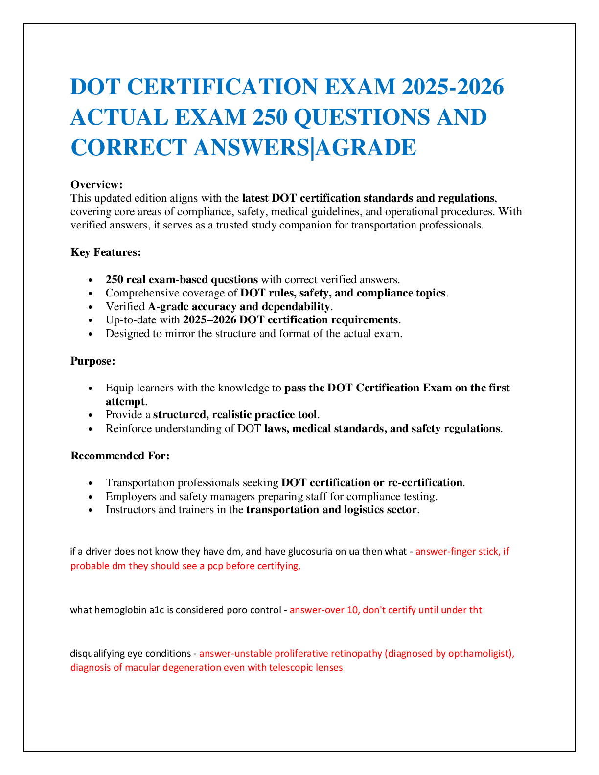 Preview of DOT CERTIFICATION EXAM 2025-2026  ACTUAL EXAM 250 QUESTIONS AND CORRECT ANSWERS|AGRADE