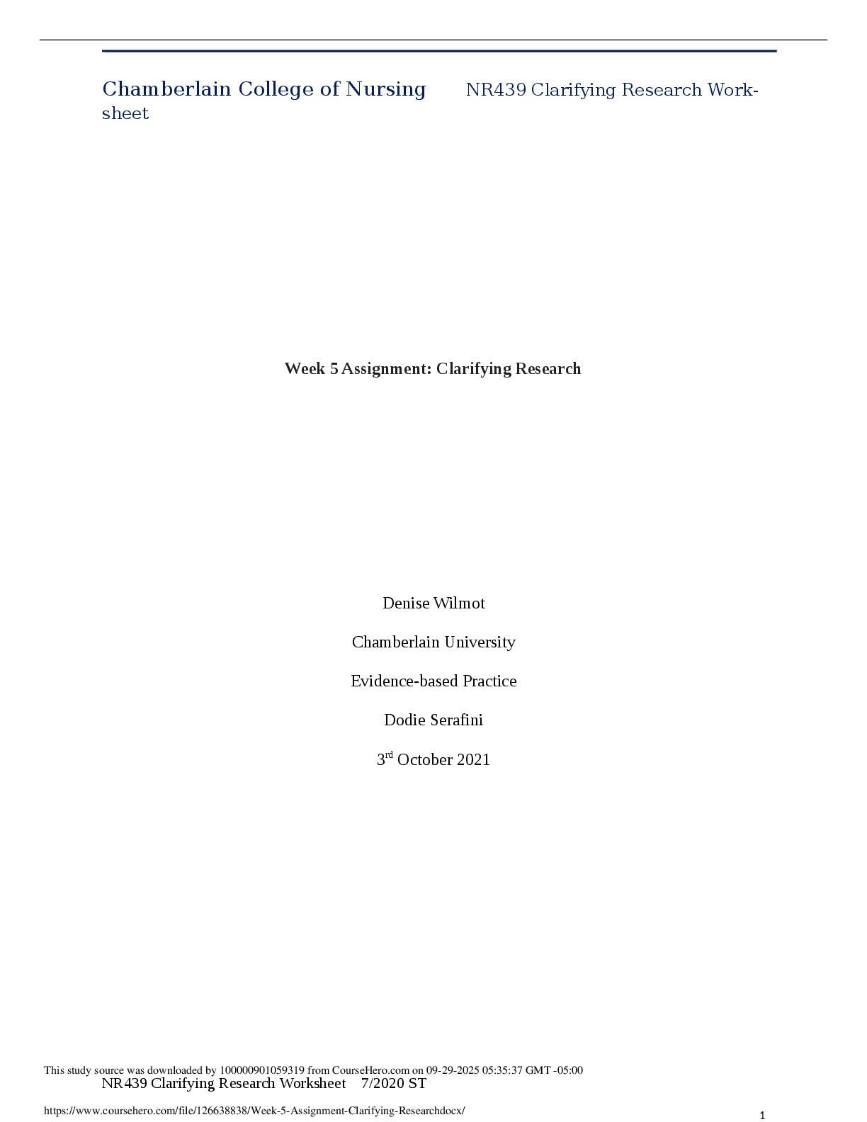 Preview image for Chamberlain College of Nursing  sheet  NR439 Clarifying Research Work