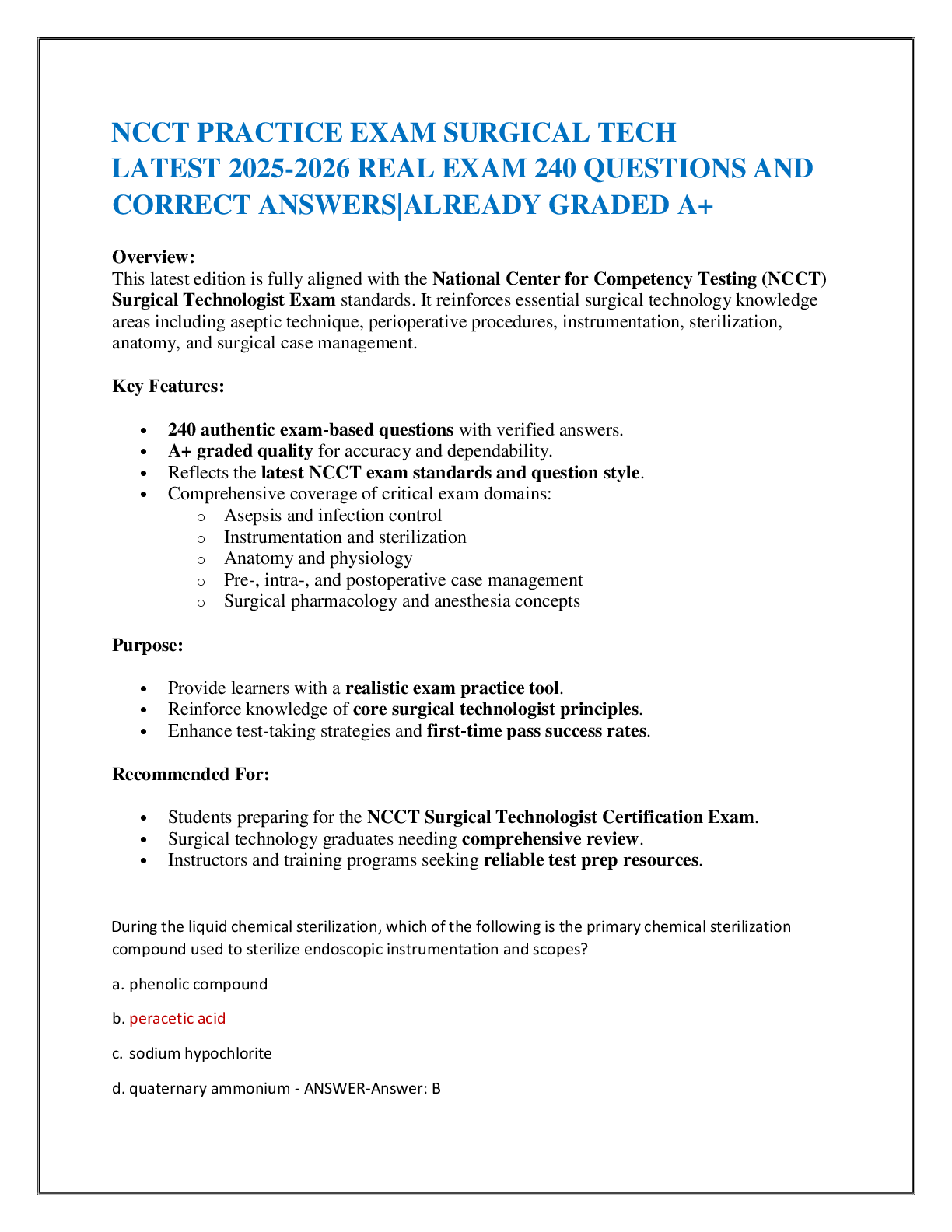 Recommended document preview for NCCT PRACTICE EXAM SURGICAL TECH  LATEST 2025-2026 REAL EXAM 240 QUESTIONS AND CORRECT ANSWERS|ALREADY GRADED A+