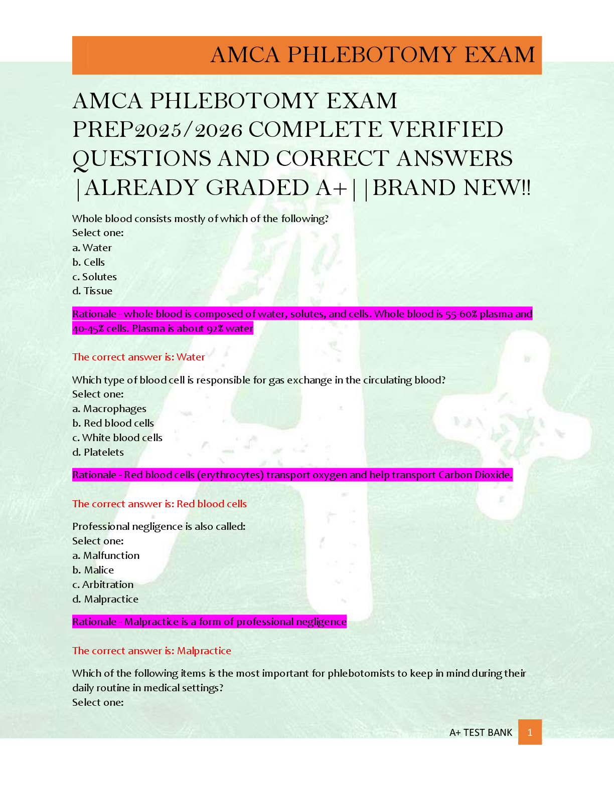 Preview of AMCA PHLEBOTOMY EXAM  PREP2025/2026 COMPLETE VERIFIED  QUESTIONS AND CORRECT ANSWERS  |ALREADY GRADED A+||BRAND NEW!!
