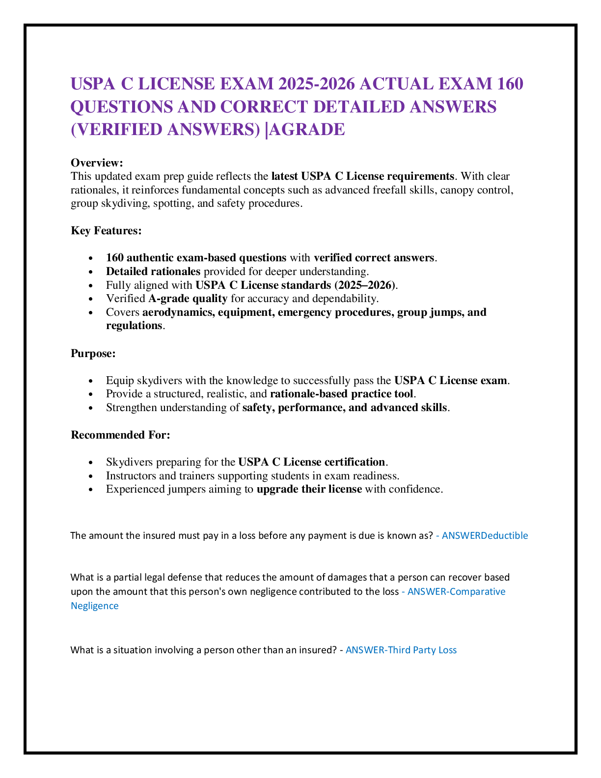 USPA C LICENSE EXAM 2025-2026 ACTUAL EXAM 160  QUESTIONS AND CORRECT DETAILED ANSWERS (VERIFIED ANSWERS) |AGRADE
