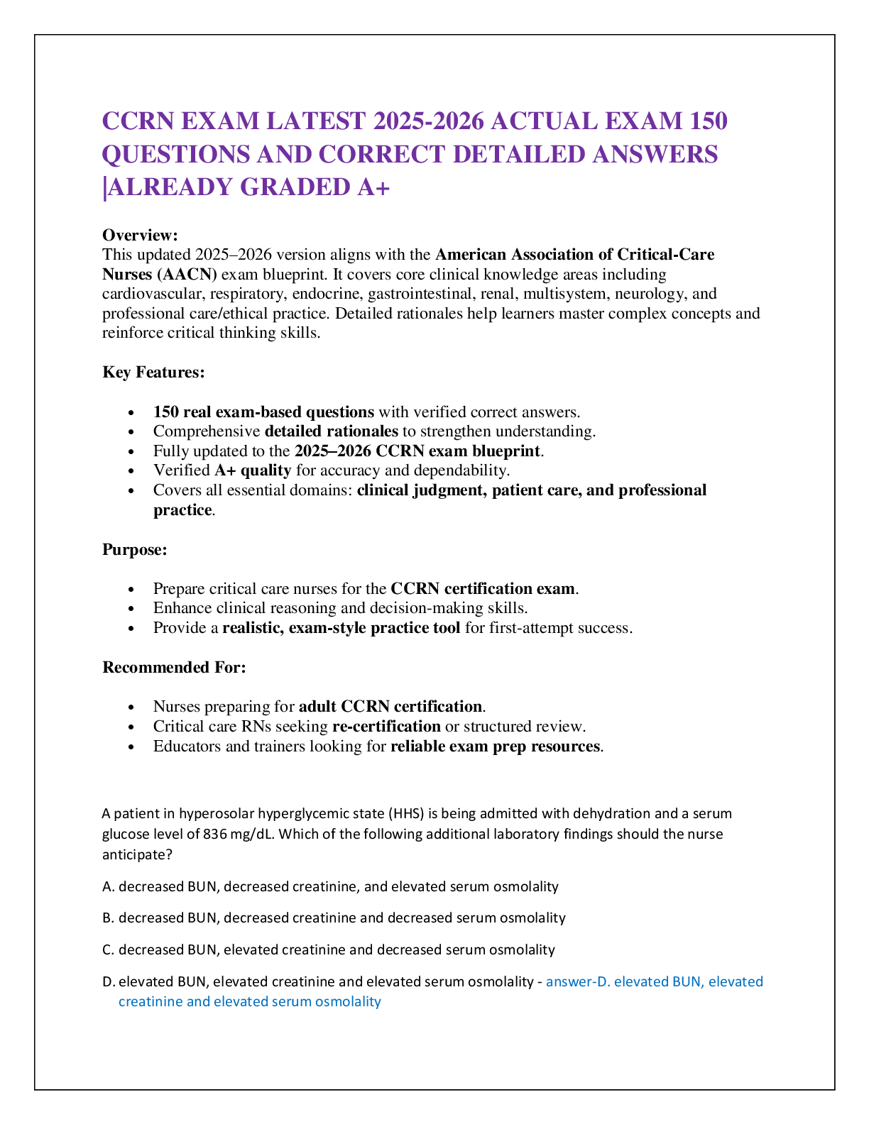 CCRN EXAM LATEST 2025-2026 ACTUAL EXAM 150  QUESTIONS AND CORRECT DETAILED ANSWERS |ALREADY GRADED A+