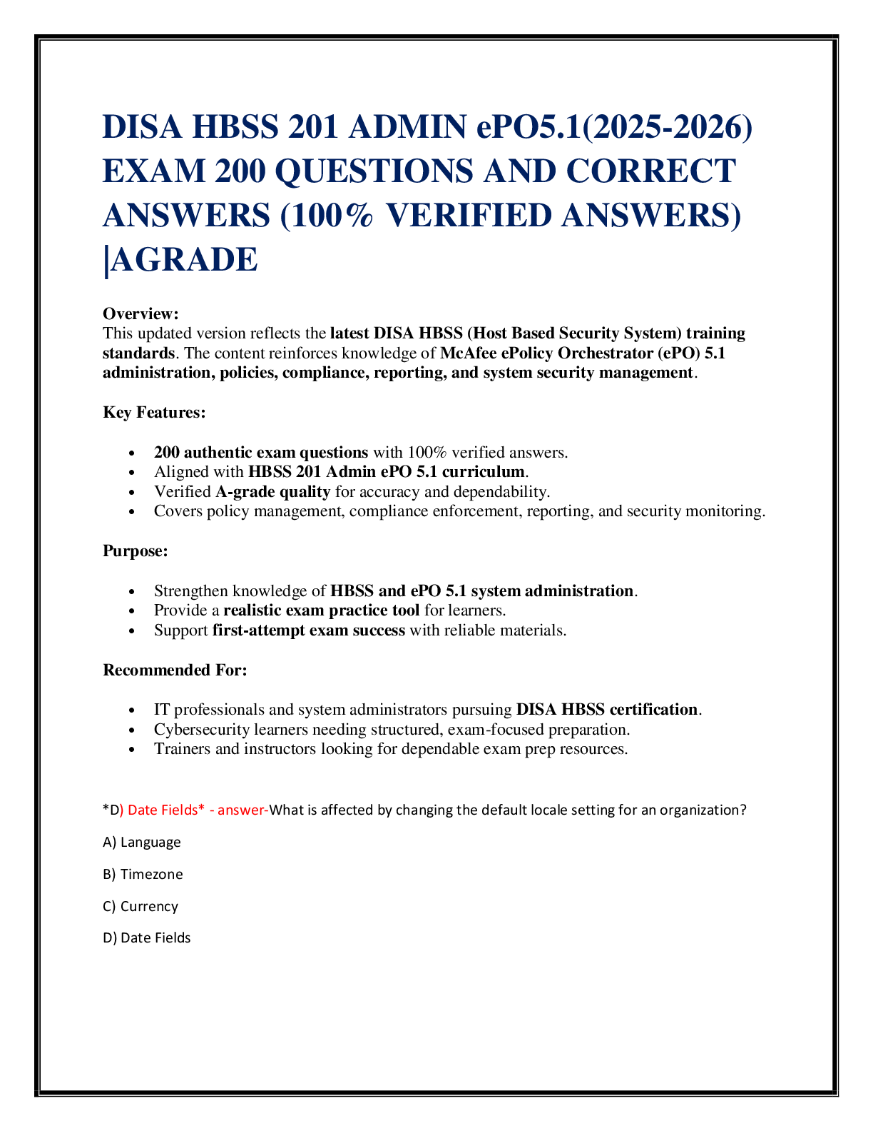 Preview of DISA HBSS 201 ADMIN ePO5.1(2025-2026)  EXAM 200 QUESTIONS AND CORRECT  ANSWERS (100% VERIF