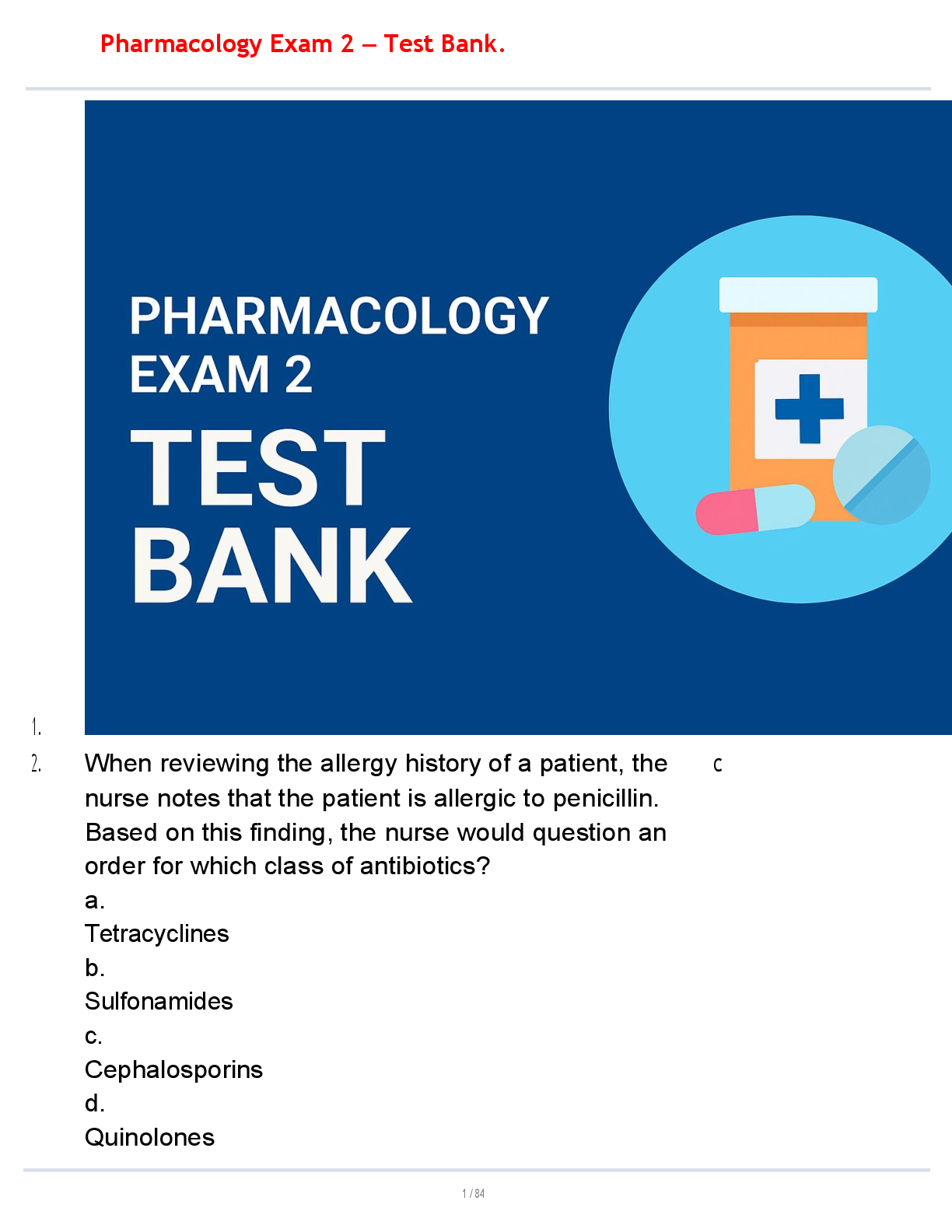 Preview of Pharmacology Exam 2 – Test Bank