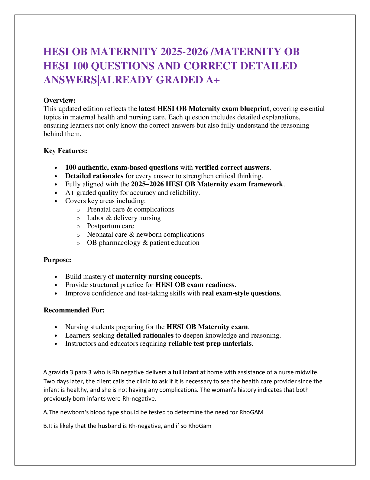 Preview of HESI OB MATERNITY 2025-2026 /MATERNITY OB  HESI 100 QUESTIONS AND CORRECT DETAILED ANSWERS
