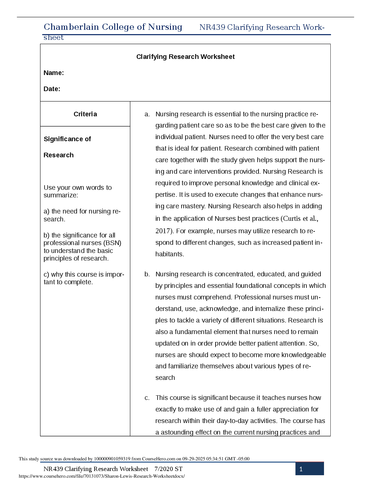 Preview image for Chamberlain College of Nursing  NR439 Clarifying Research Work sheet