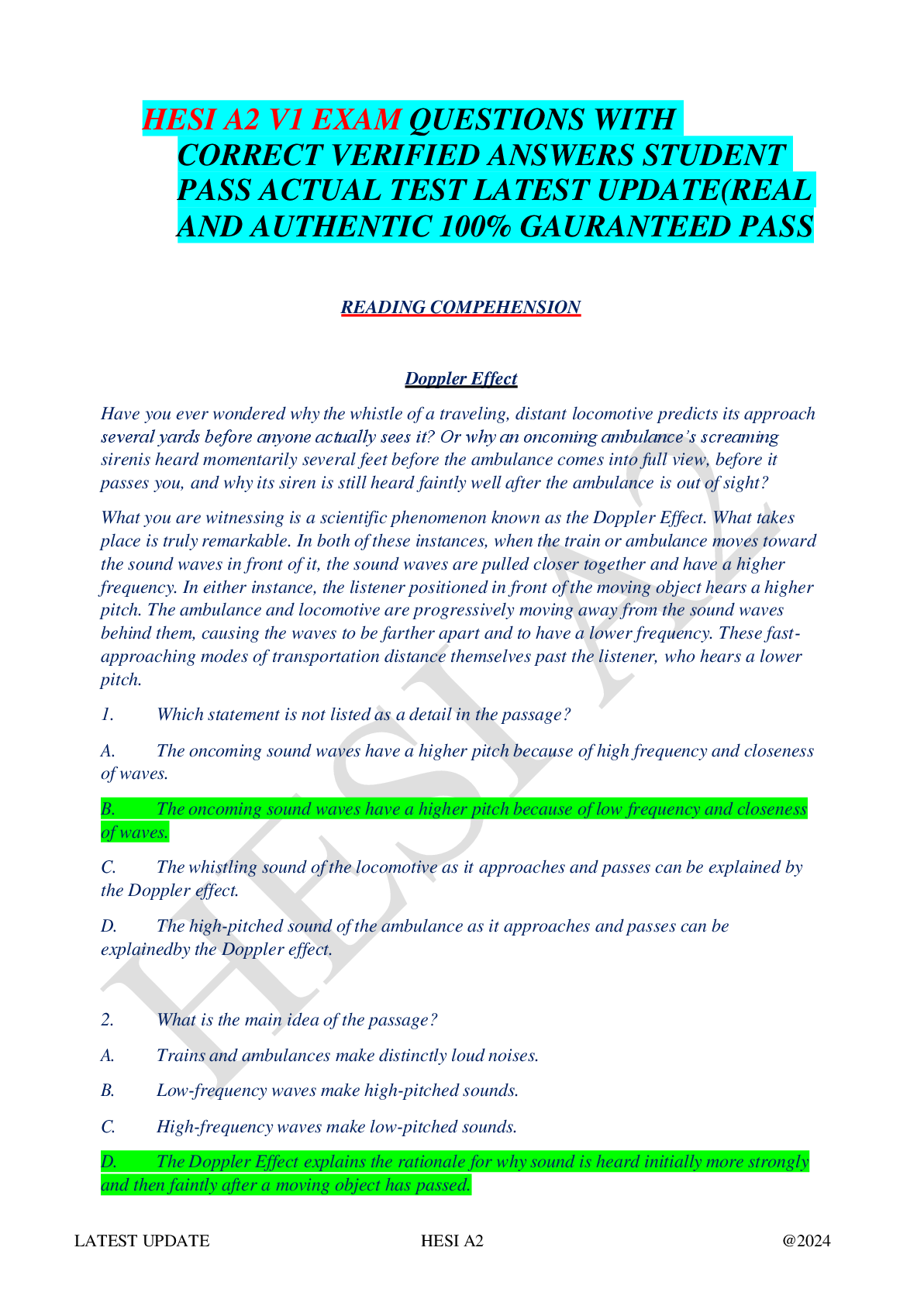 Preview of HESI A2 V1 EXAM QUESTIONS WITH  CORRECT VERIFIED ANSWERS STUDENT  PASS ACTUAL TEST LATEST