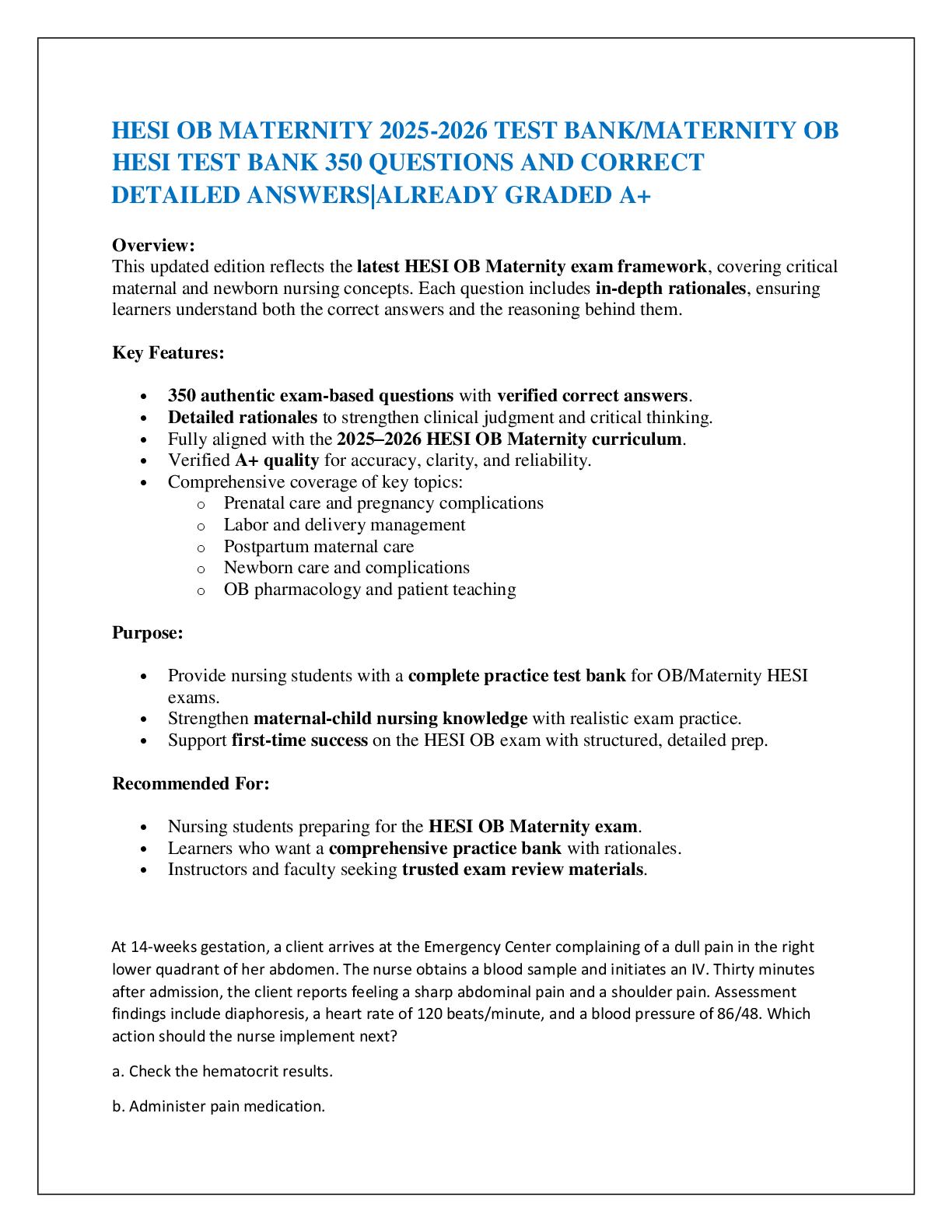 Recommended document preview for HESI OB MATERNITY 2025-2026 TEST BANK/MATERNITY OB HESI TEST BANK 350 QUESTIONS AND CORRECT  DETAILED ANSWERS|ALREADY GRADED A+