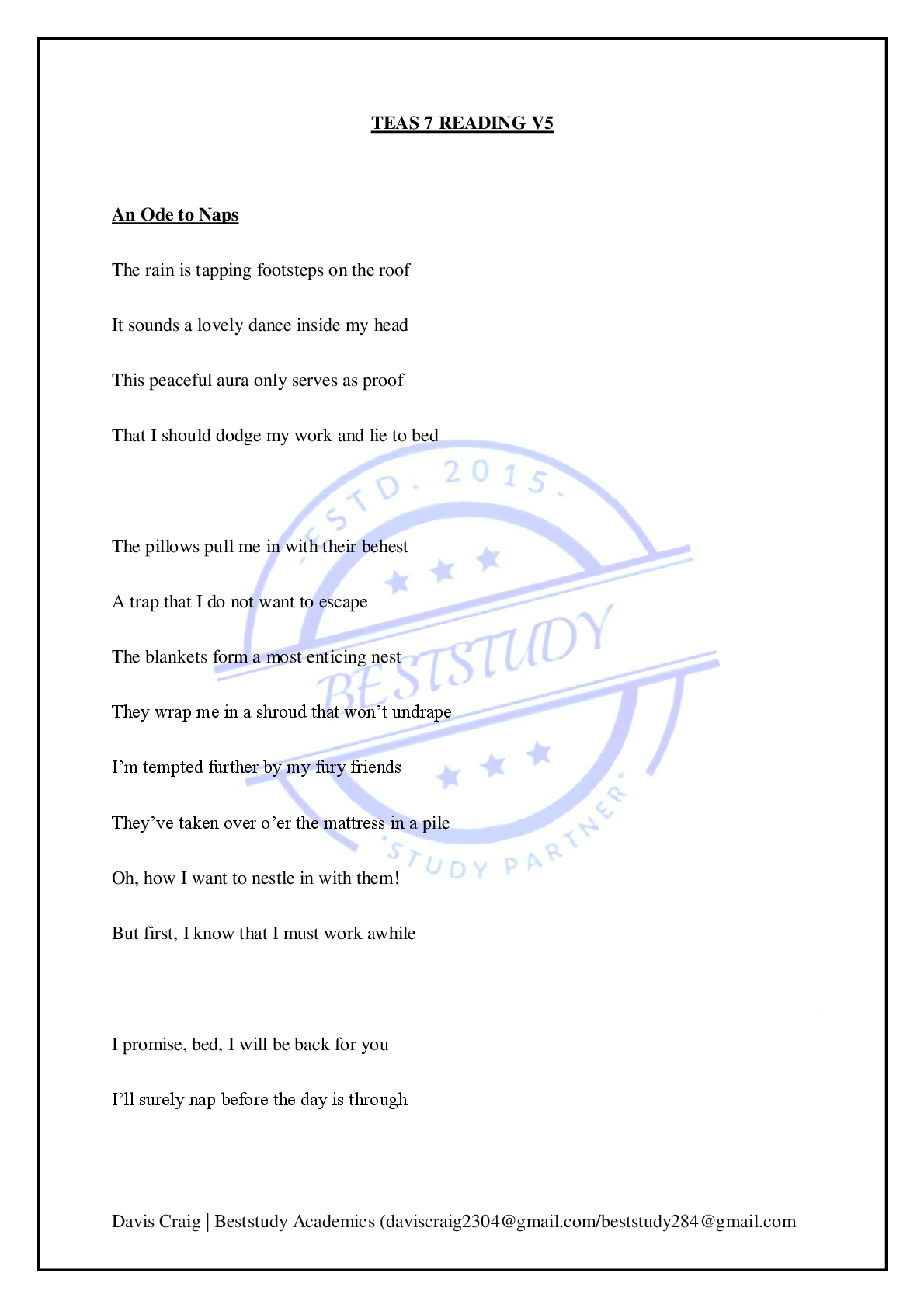 Preview image for TEAS 7 READING V5 2025 LATEST VERSION. 100% COMPLETE GRADED A+