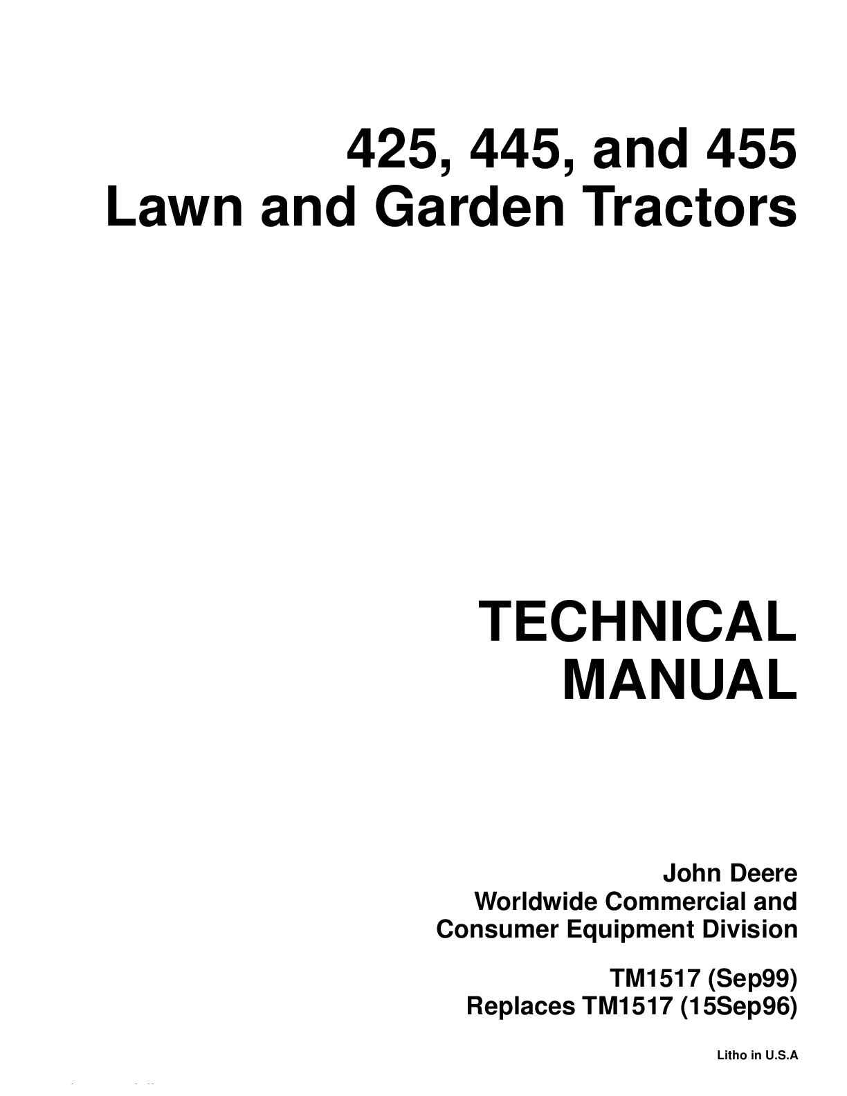 Preview image for John Deere 425, 445, 455 Lawn Tractors Technical Manual Service TM1517