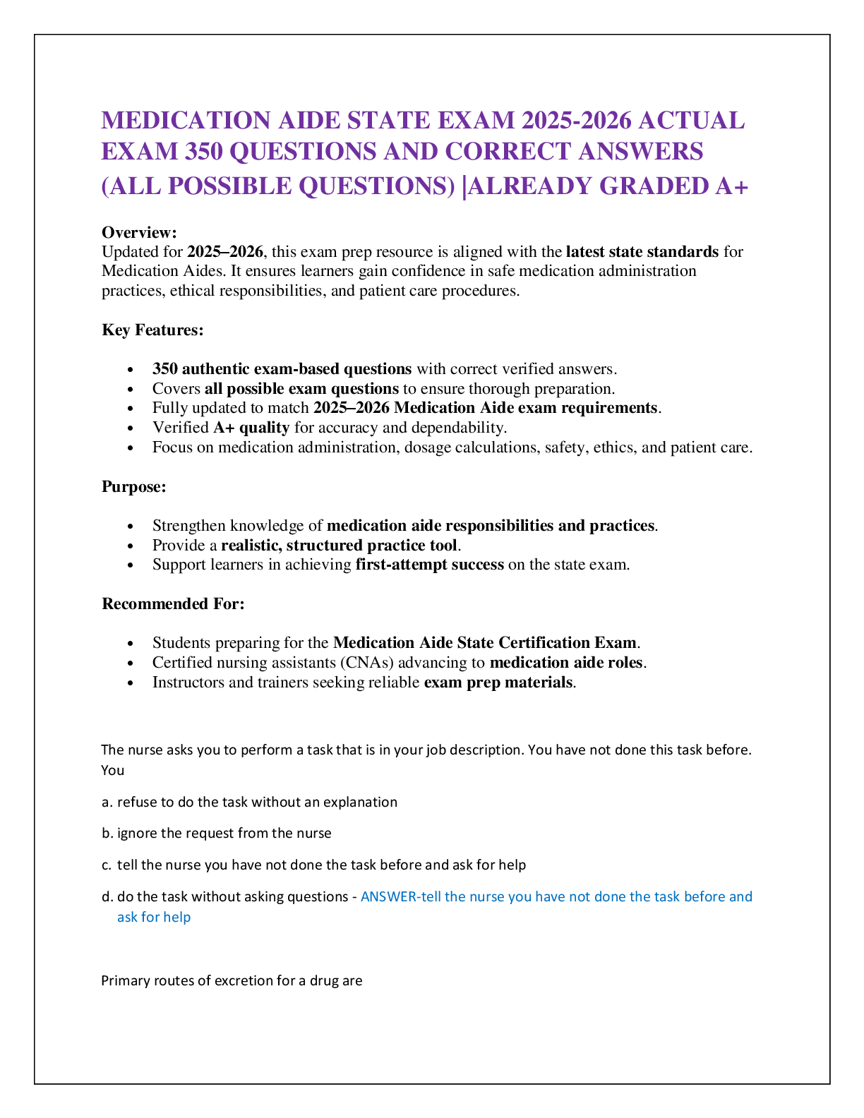 Preview of MEDICATION AIDE STATE EXAM 2025-2026 ACTUAL  EXAM 350 QUESTIONS AND CORRECT ANSWERS  (ALL