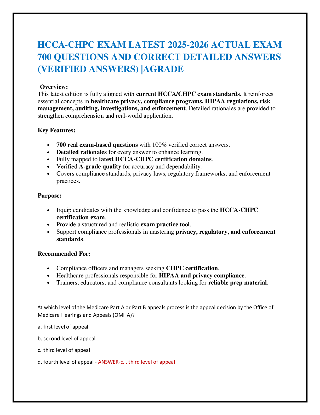 Preview of HCCA-CHPC EXAM LATEST 2025-2026 ACTUAL EXAM  700 QUESTIONS AND CORRECT DETAILED ANSWERS (V