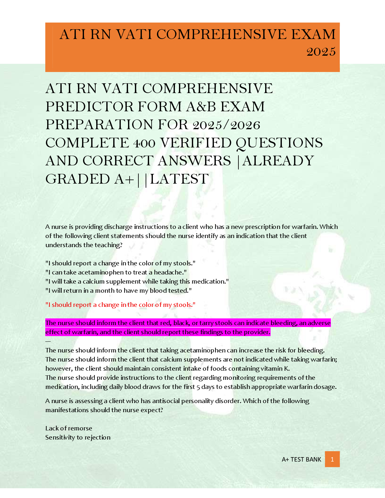 ATI RN VATI COMPREHENSIVE  PREDICTOR FORM A&B EXAM  PREPARATION FOR 2025/2026  COMPLETE 400 VERIFIED QUESTIONS  AND CORRECT ANSWERS |ALREADY  GRADED A+||LATEST