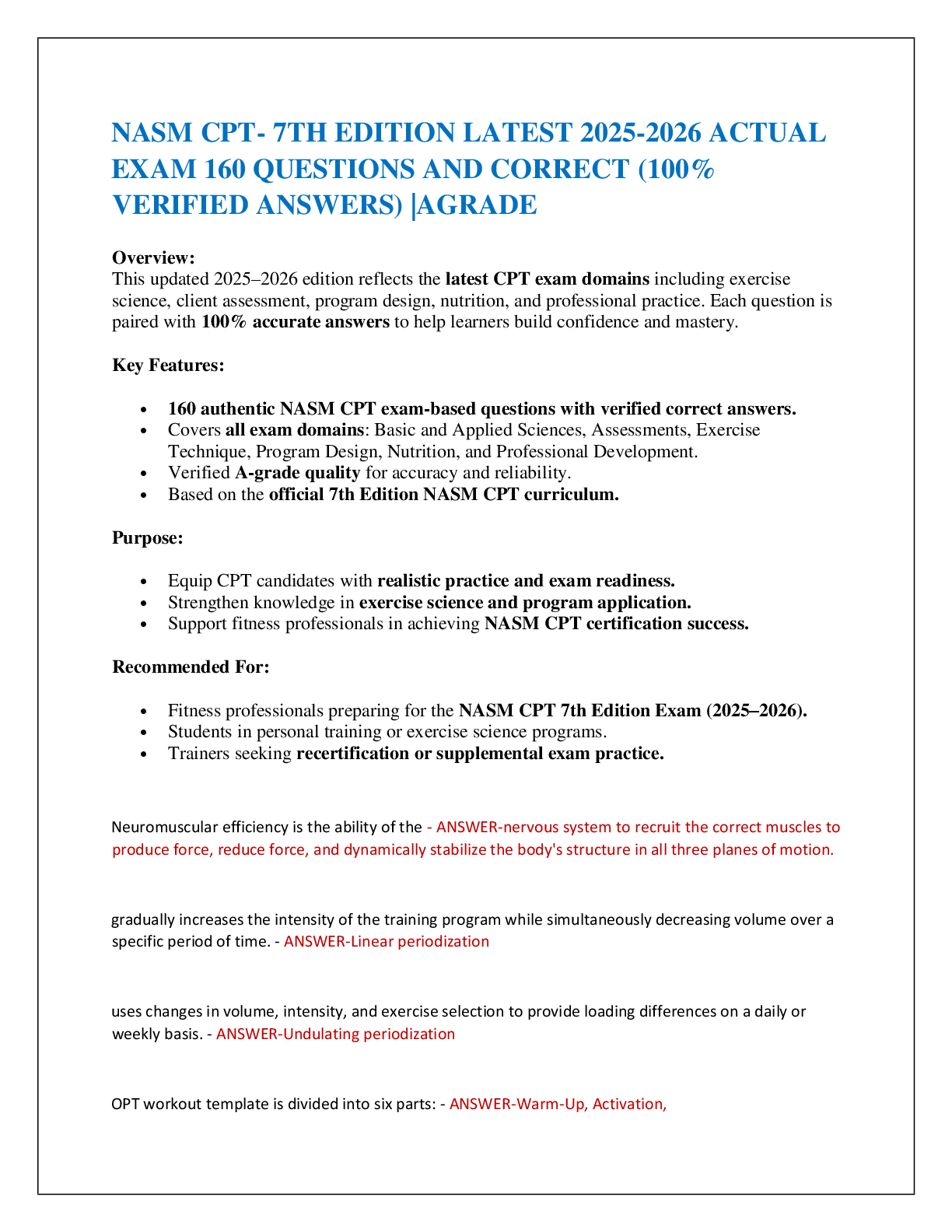 NASM CPT- 7TH EDITION LATEST 2025-2026 ACTUAL  EXAM 160 QUESTIONS AND CORRECT (100% VERIFIED ANSWERS) |AGRADE