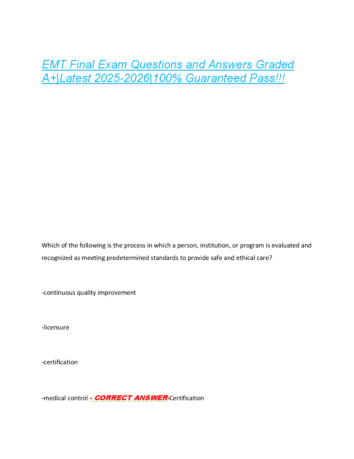 EMT Final Exam Questions and Answers Graded  A+|Latest 2025-2026|100% Guaranteed Pass!!!