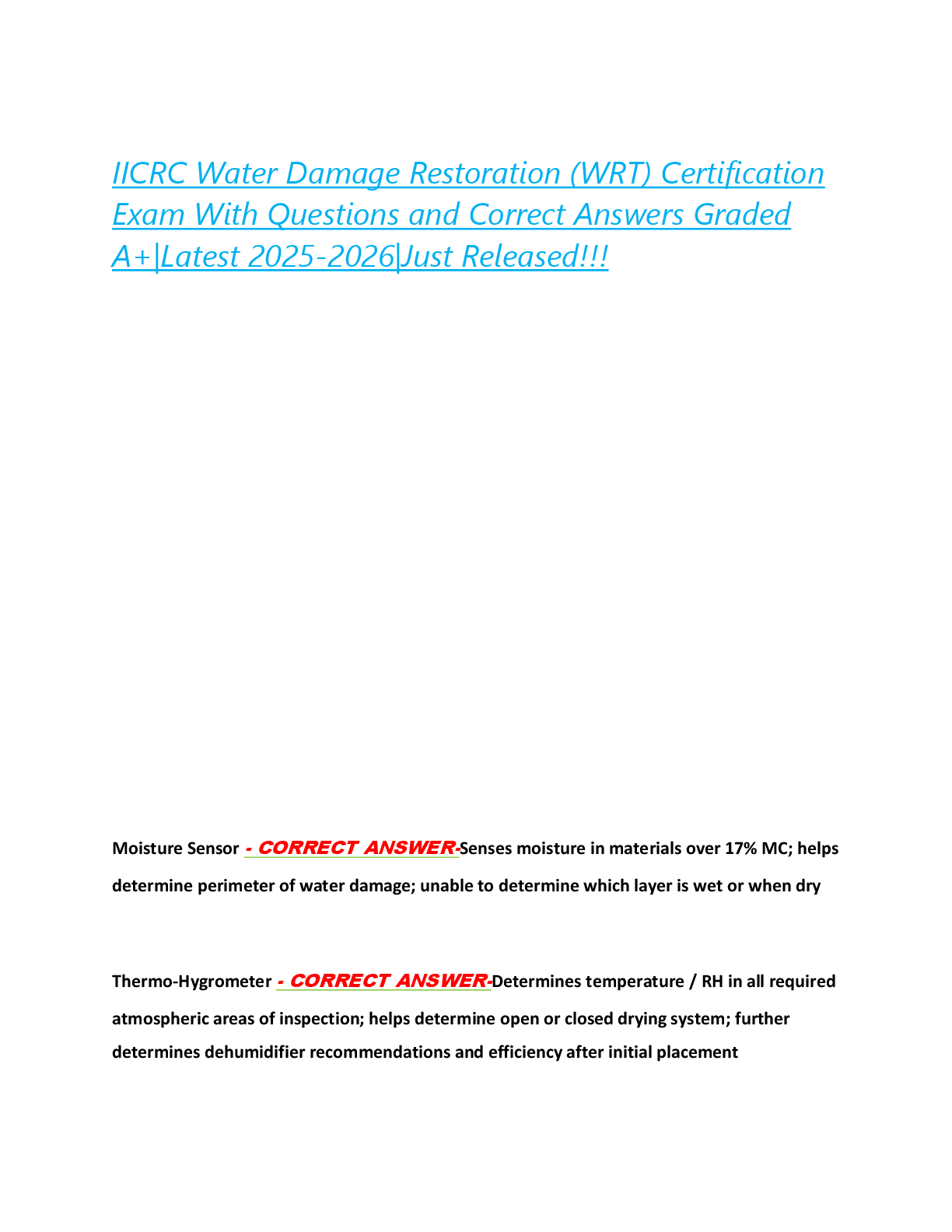 Preview of IICRC Water Damage Restoration (WRT) Certification  Exam With Questions and Correct Answers Graded  A+|Latest 2025-2026|Just Released!!!