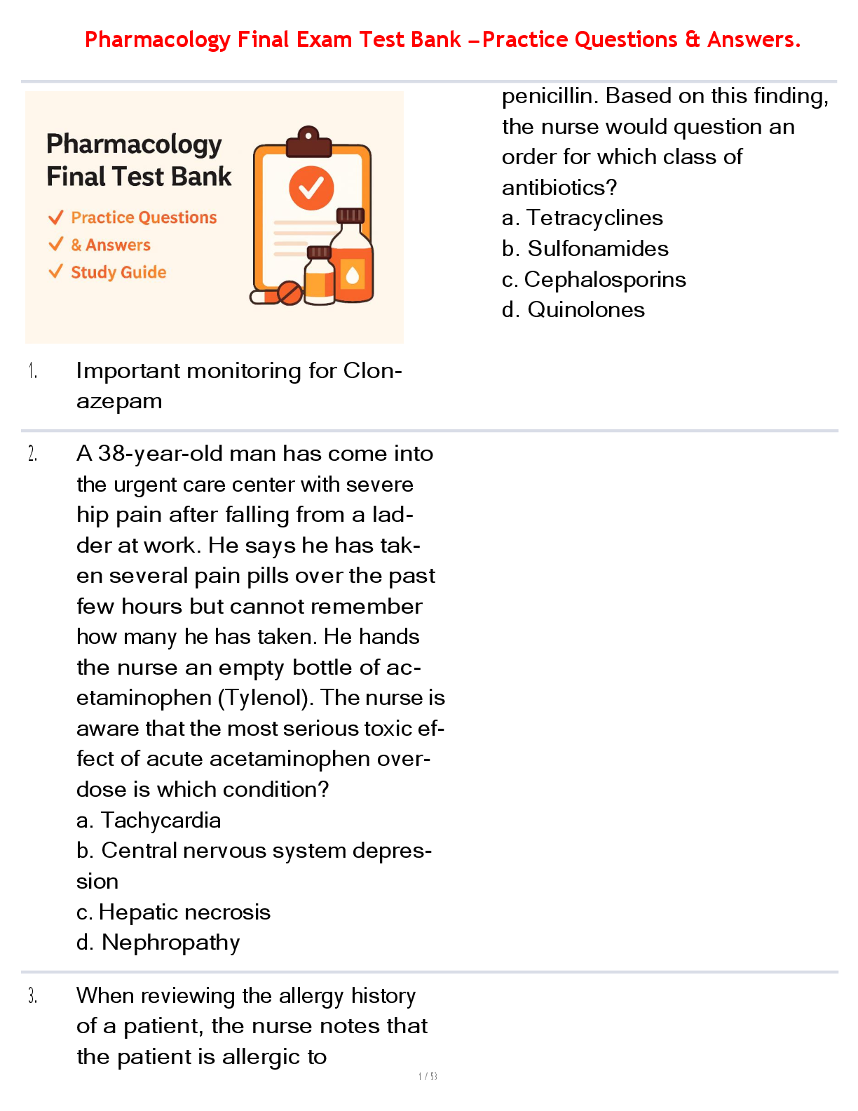 Pharmacology Final Exam Test Bank – Practice Questions & Answers.