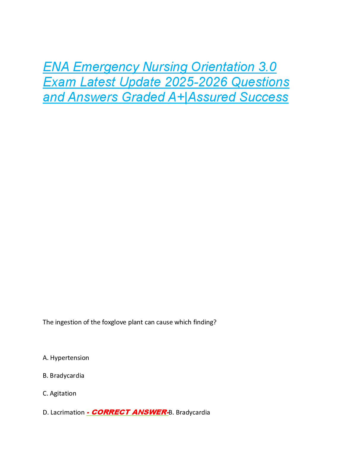 Preview of ENA Emergency Nursing Orientation 3.0  Exam Latest Update 2025-2026 Questions  and Answers