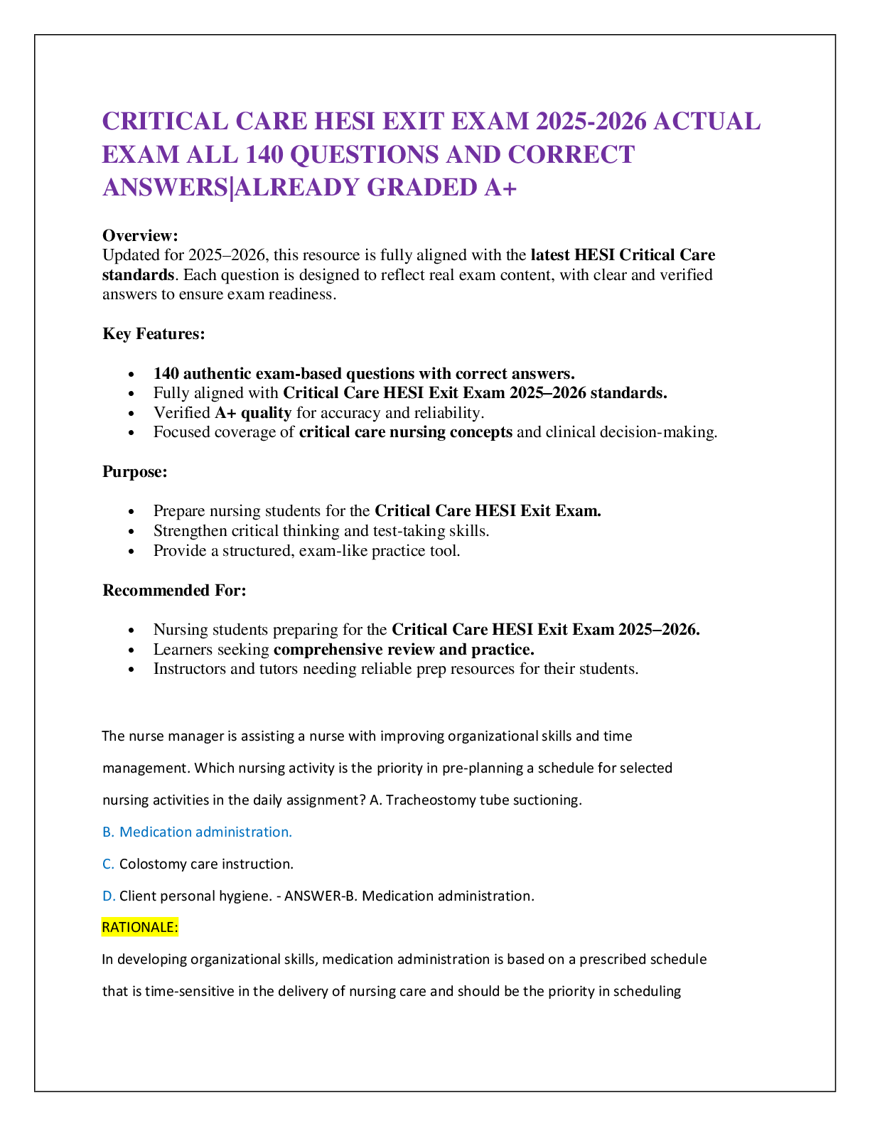 CRITICAL CARE HESI EXIT EXAM 2025-2026 ACTUAL  EXAM ALL 140 QUESTIONS AND CORRECT ANSWERS|ALREADY GRADED A+