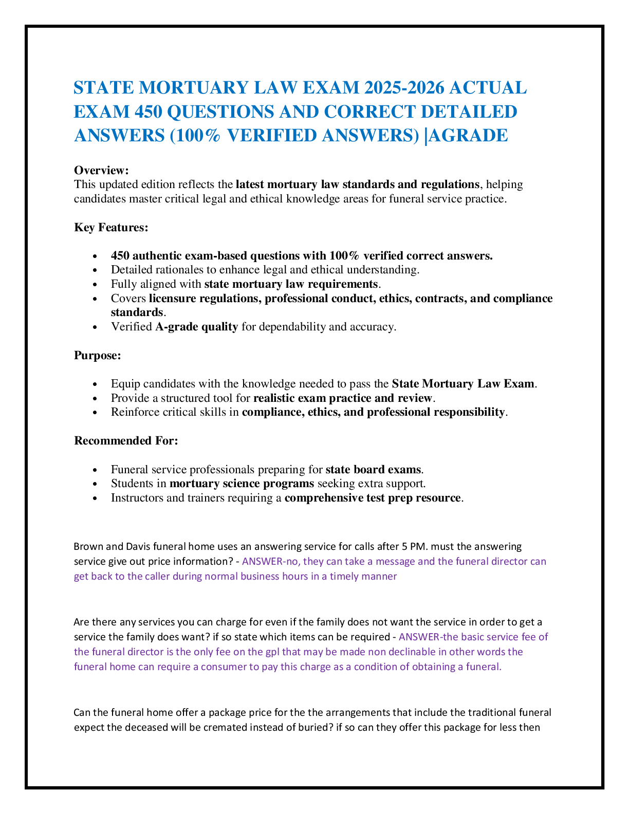 Preview of STATE MORTUARY LAW EXAM 2025-2026 ACTUAL  EXAM 450 QUESTIONS AND CORRECT DETAILED ANSWERS