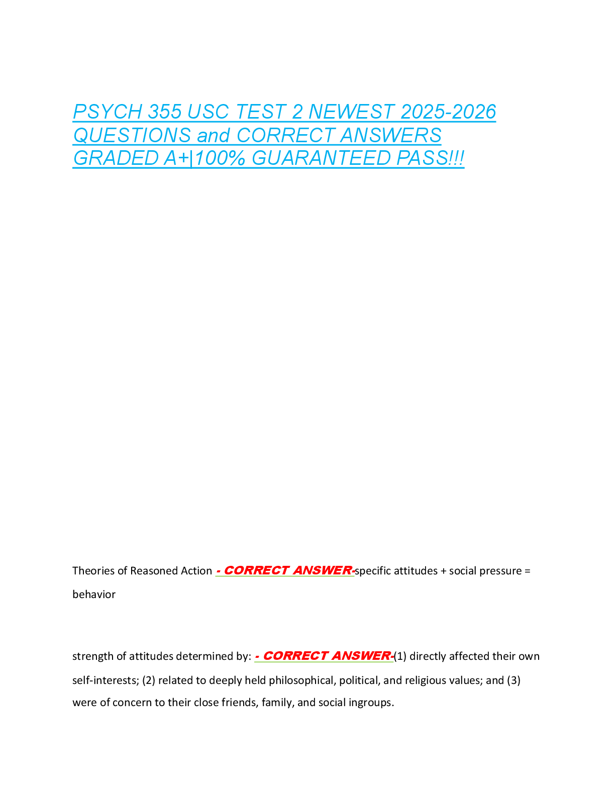 Preview of PSYCH 355 USC TEST 2 NEWEST 2025-2026  QUESTIONS and CORRECT ANSWERS  GRADED A+|100% GUARA
