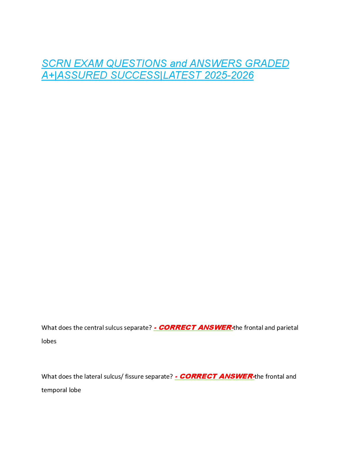 SCRN EXAM QUESTIONS and ANSWERS GRADED  A+|ASSURED SUCCESS|LATEST 2025-2026