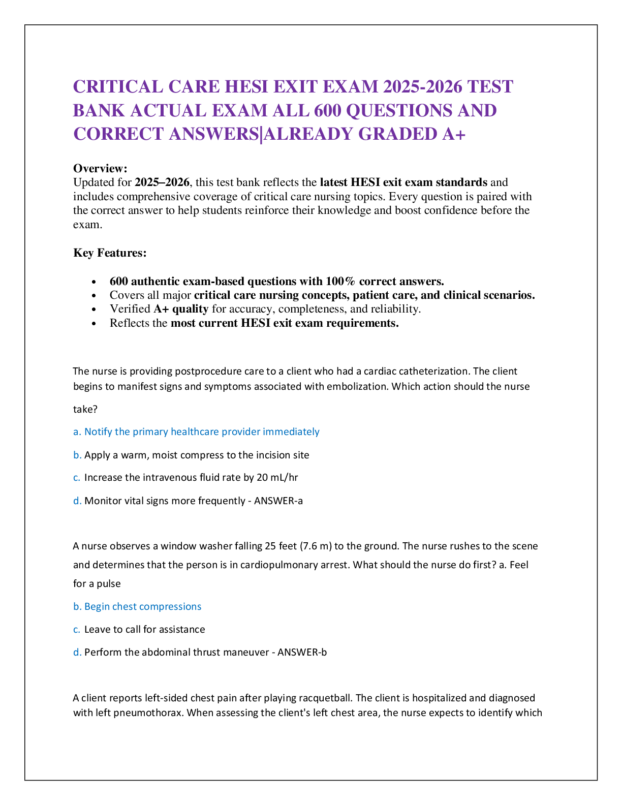 Preview of CRITICAL CARE HESI EXIT EXAM 2025-2026 TEST  BANK ACTUAL EXAM ALL 600 QUESTIONS AND CORRECT ANSWERS|ALREADY GRADED A+
