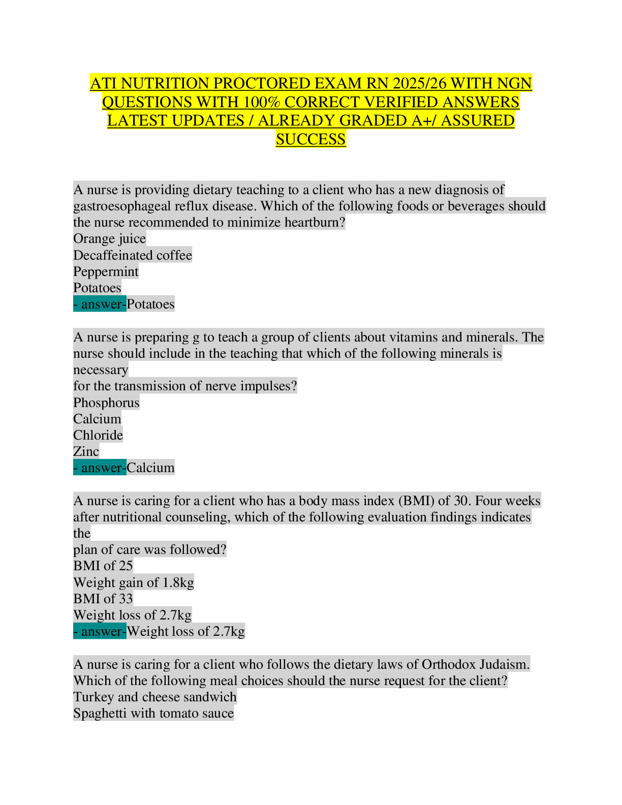 Preview of ATI NUTRITION PROCTORED EXAM RN 2025/26 WITH NGN  QUESTIONS WITH 100% CORRECT VERIFIED ANS