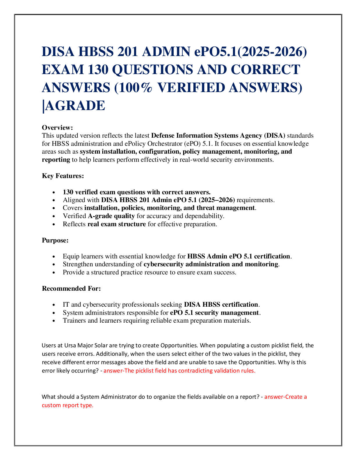 Preview of DISA HBSS 201 ADMIN ePO5.1(2025-2026)  EXAM 130 QUESTIONS AND CORRECT  ANSWERS (100% VERIF